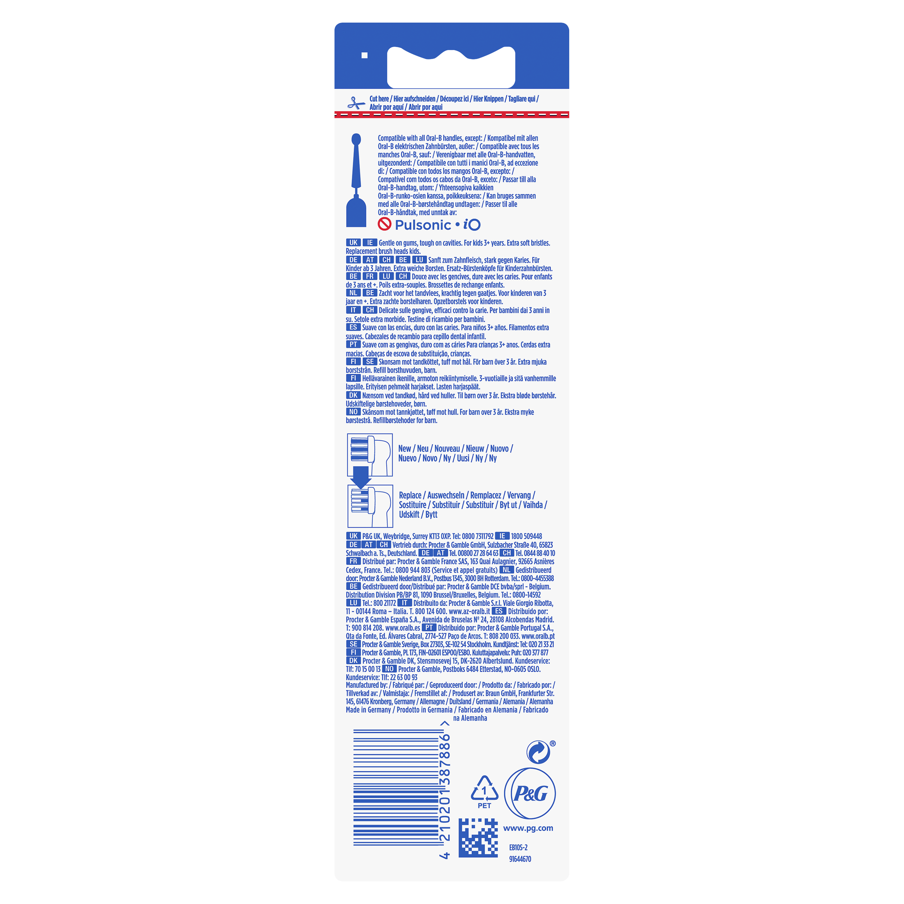 Confezione bianca e blu di testine Oral-B, vista posteriore.