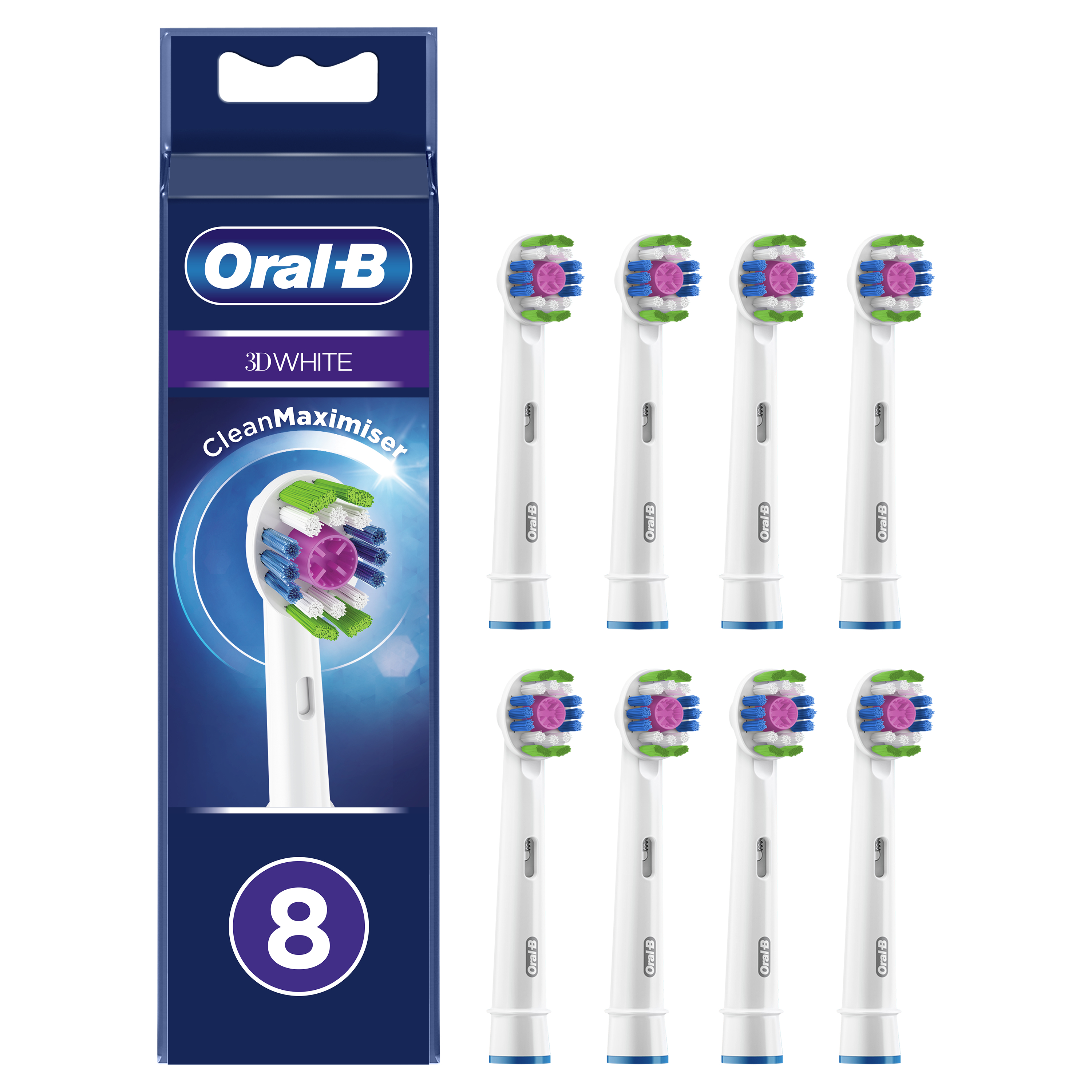 Pudełko z końcówkami do szczoteczki Oral-B 3D White z 8 wymiennymi. Białe końcówki z niebieskim, zielonym i różowym włosiem.