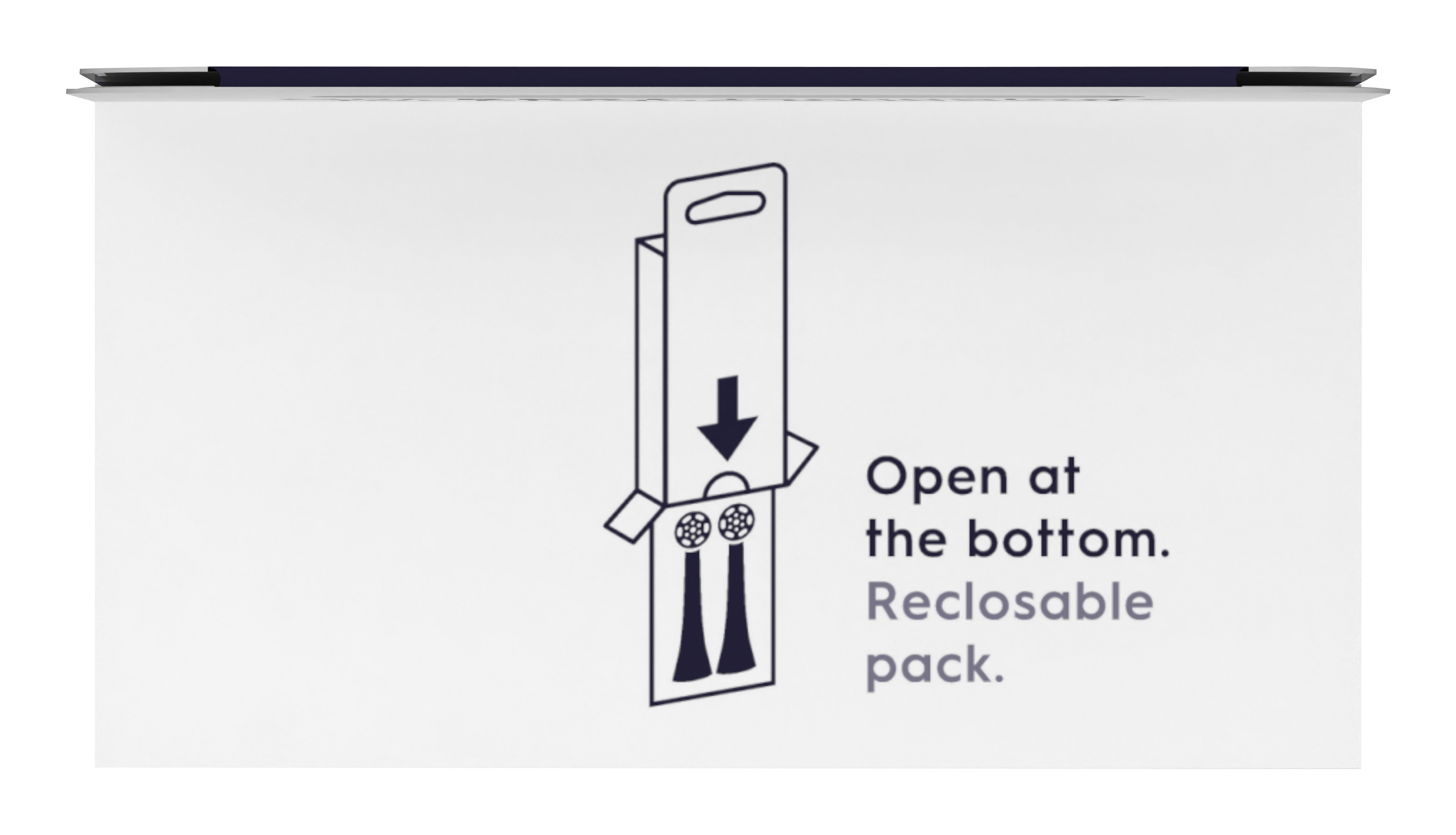 Packaging, with two toothbrush heads inside, and text: Open at the bottom. Reclosable pack.