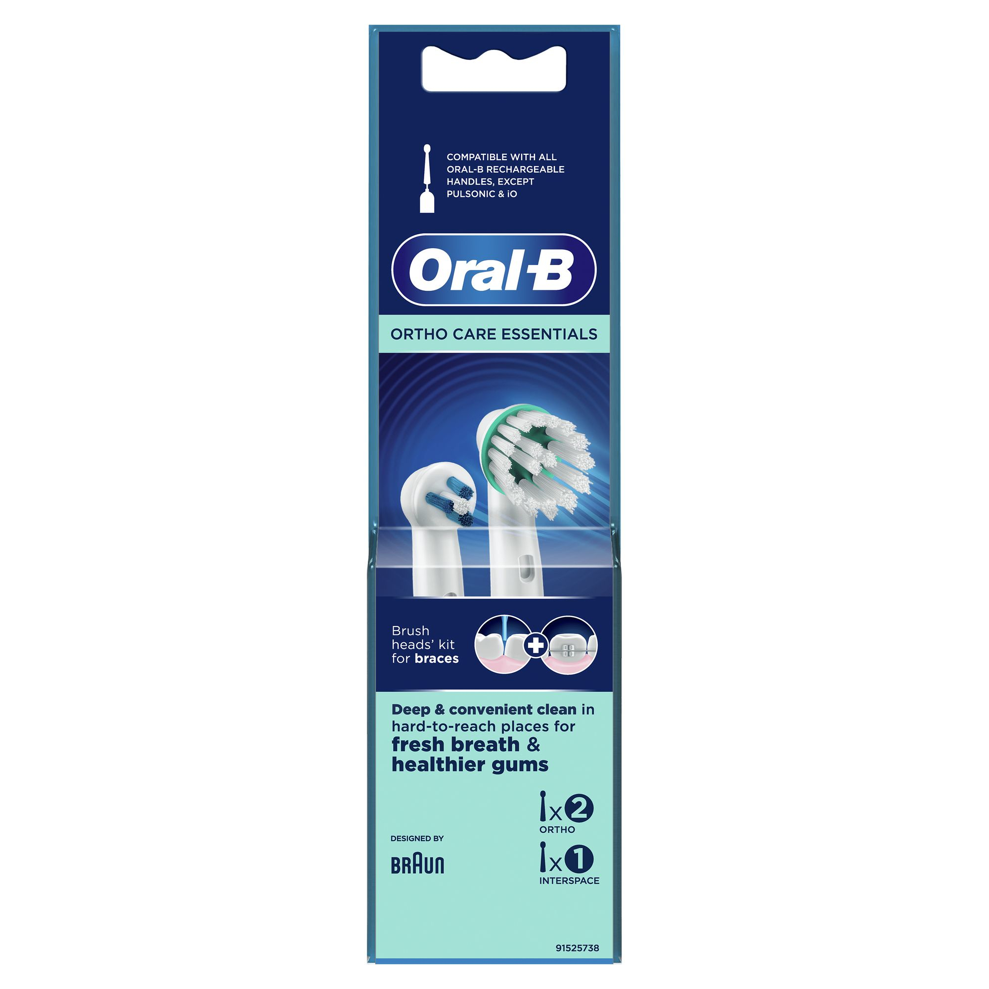 Zestaw główek do szczoteczki Oral-B Ortho Care Essentials. Pudełko pokazuje dwie główki ortho i jedną interspace, zaprojektowane przez Braun.