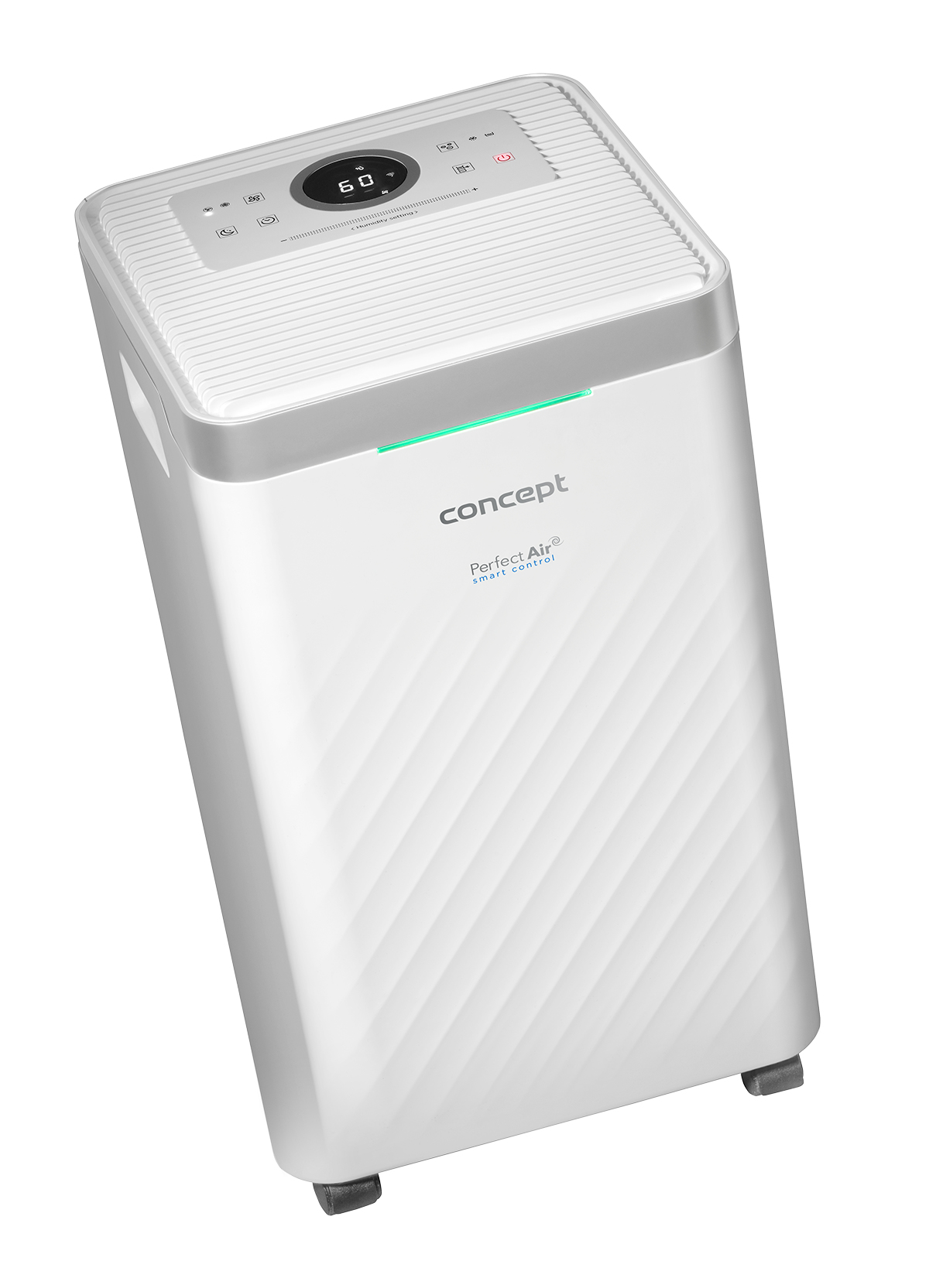 Biały oczyszczacz powietrza Concept Perfect Air. Biało-szary, z panelem sterowania, na białym tle.