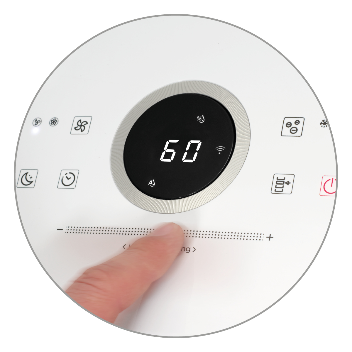 Biały panel sterowania z palcem dotykającym paska regulacji i cyfrowym wyświetlaczem '60'.