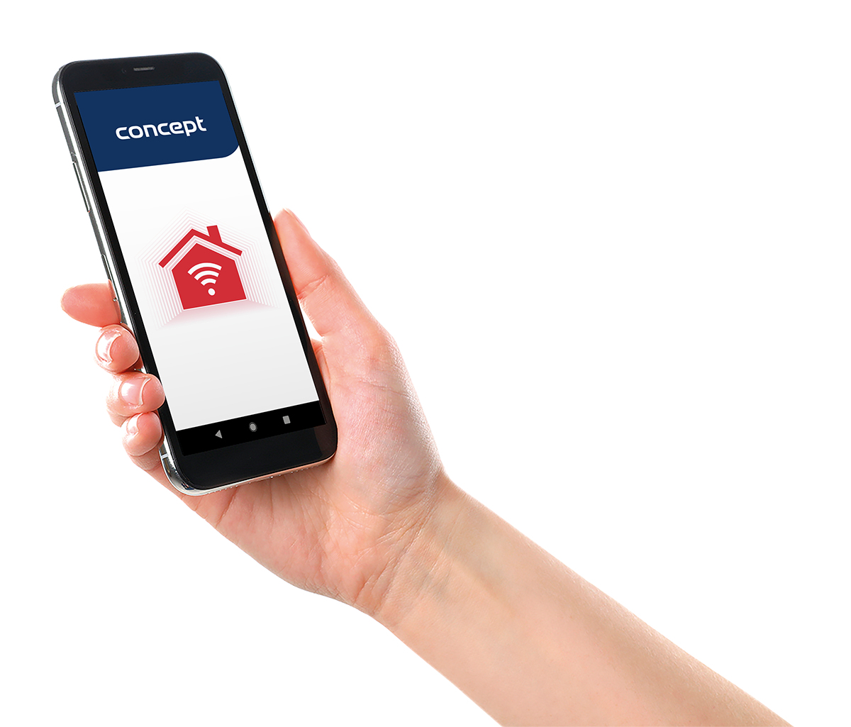 Dłoń trzymająca smartfon z ikoną aplikacji koncepcyjnej domu i wifi.