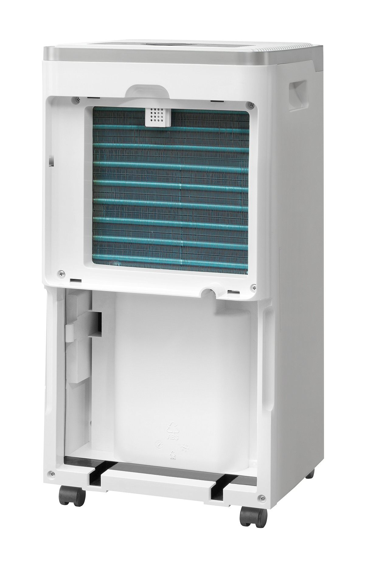 Widok z tyłu białego oczyszczacza powietrza z widocznym niebieskim filtrem i kółkami.