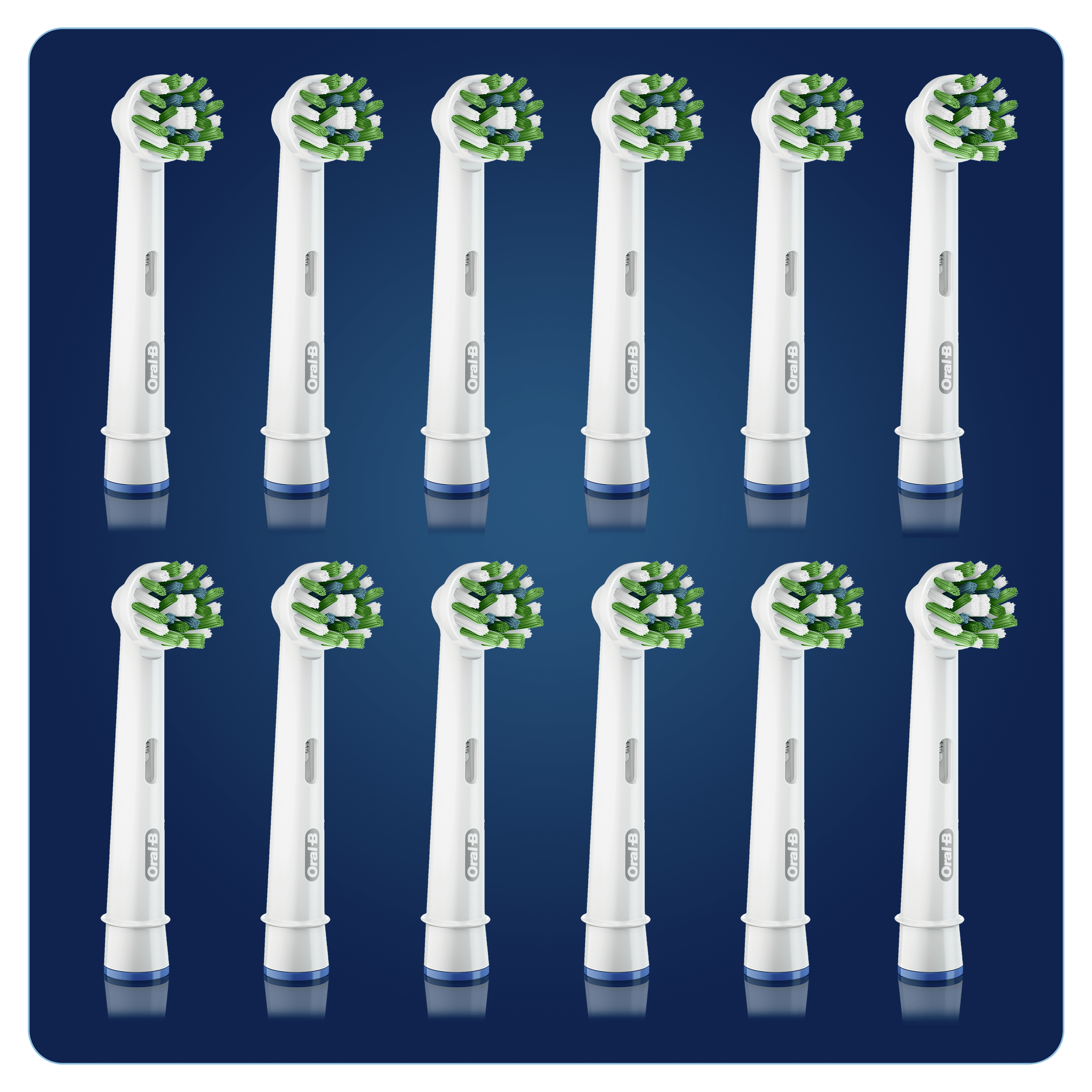 Zwölf Oral-B Bürstenköpfe in einem Raster. Sie haben weiße Griffe und grüne und weiße Borsten auf blauem Hintergrund.