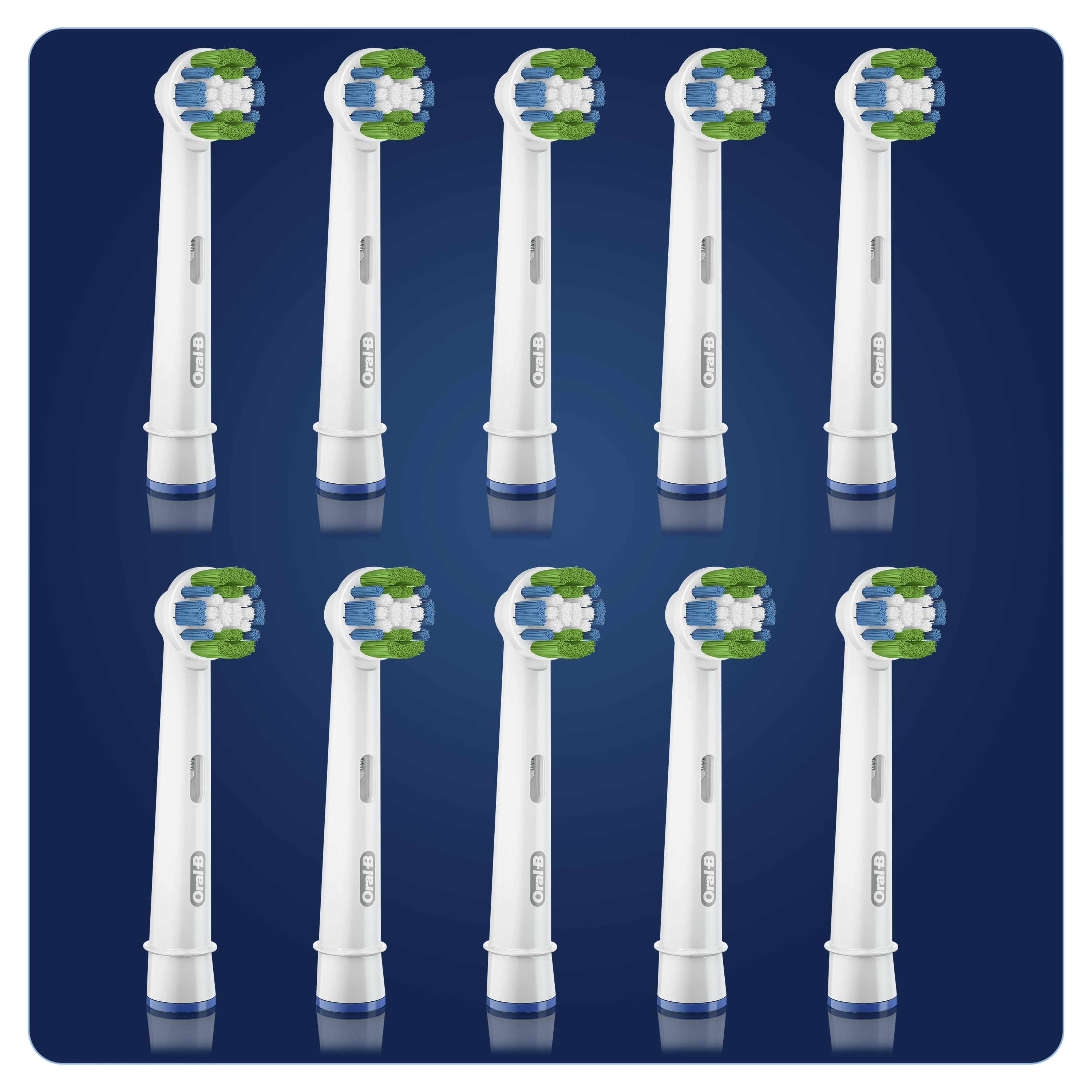 Diez cabezales de cepillo de dientes Oral-B. Cerdas azules y blancas. Mangos blancos, detalles verdes y azules. En fondo azul.