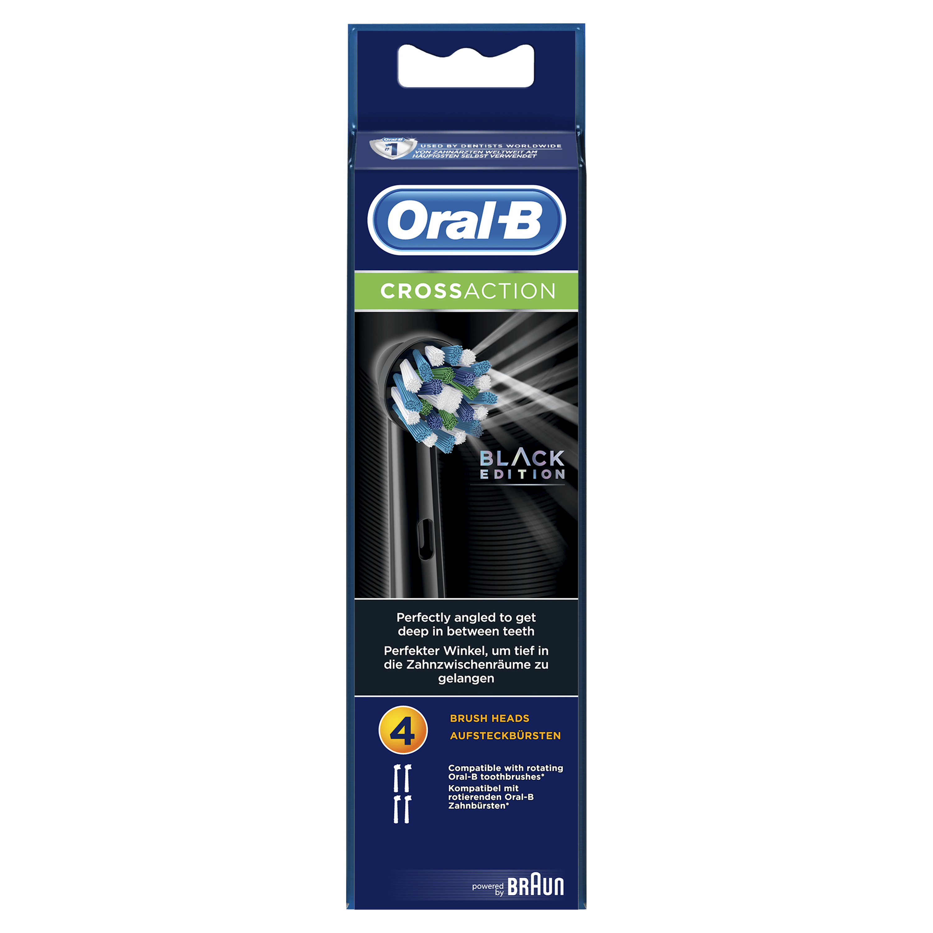 Główki do szczoteczki Oral-B CrossAction Black Edition. Opakowanie i cztery główki na białym tle.