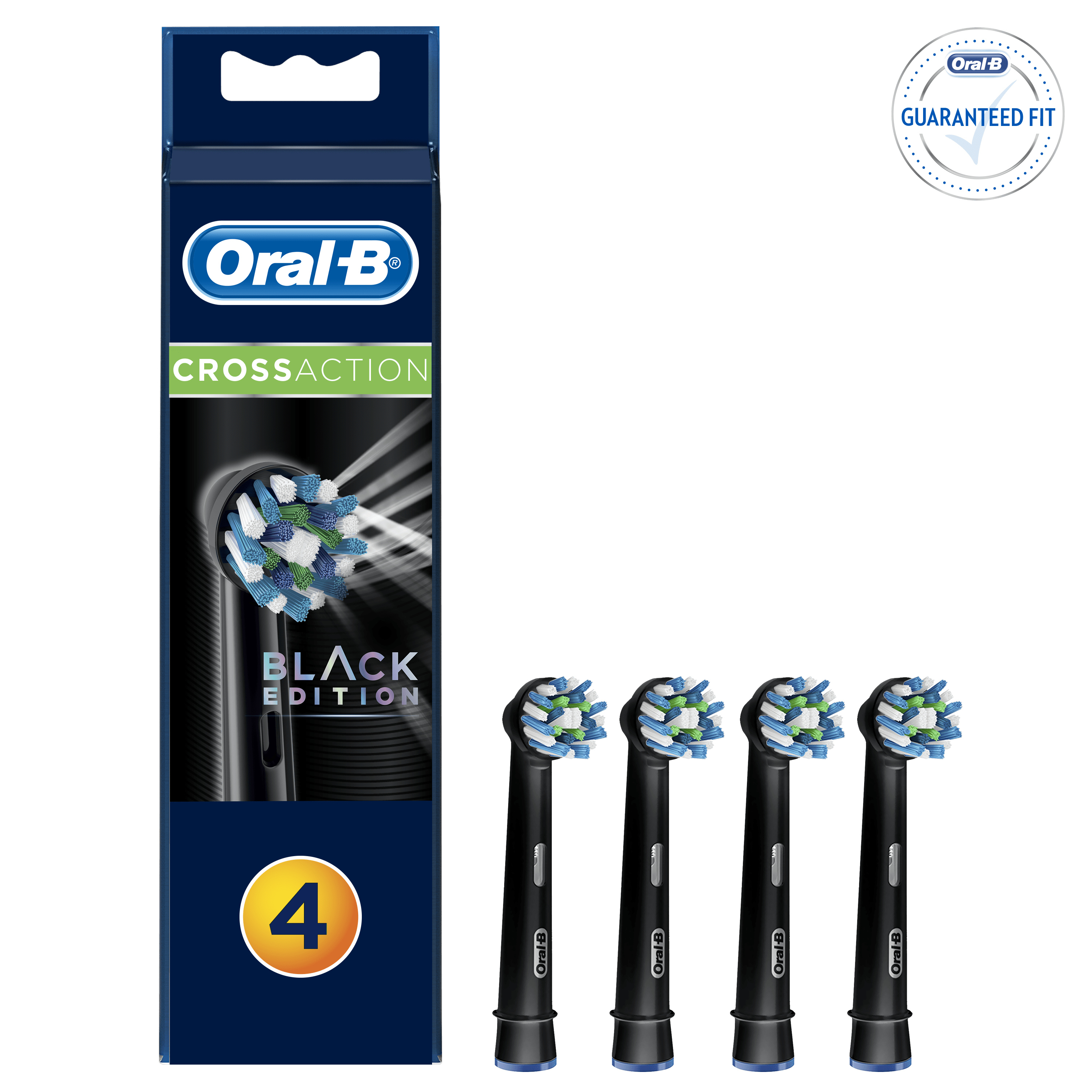 Główki do szczoteczki Oral-B CrossAction Black Edition. Opakowanie i cztery główki na białym tle.