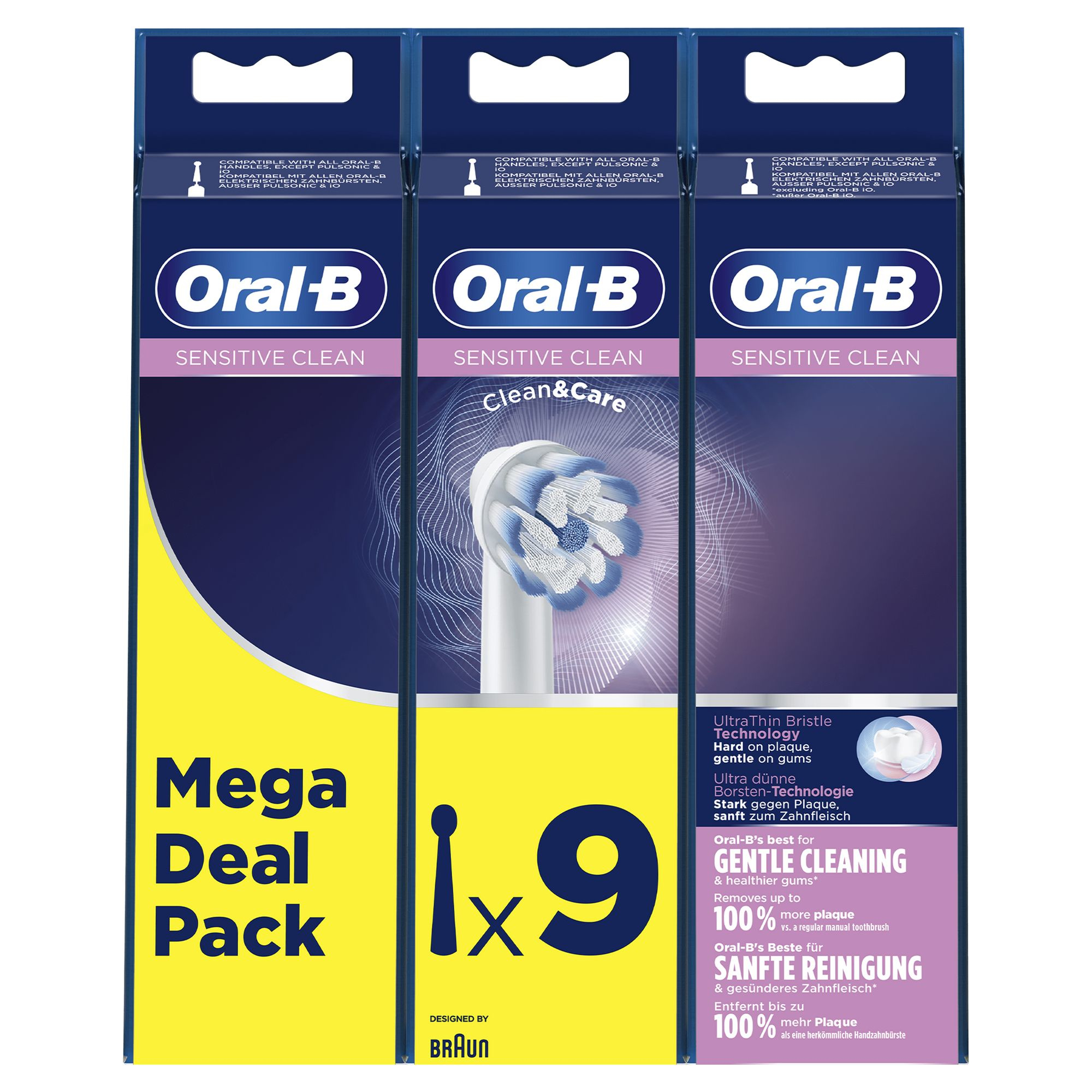 Drei Packungen Oral-B Sensitive Clean Zahnbürstenköpfe in einem Mega Deal Pack. Entworfen von Braun.