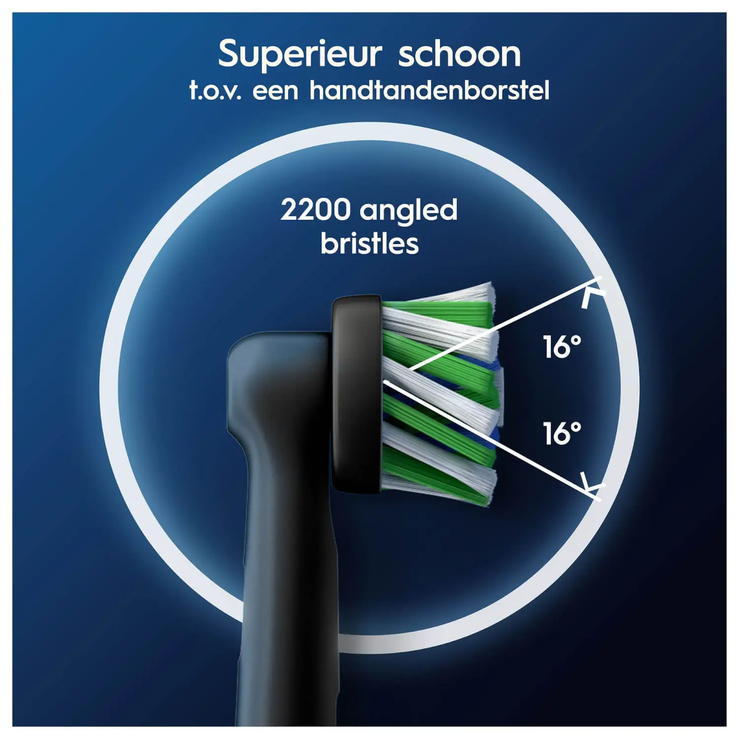 Główka elektrycznej szczoteczki do zębów z kątowymi włosiem, otoczona białym okręgiem i tekstem.