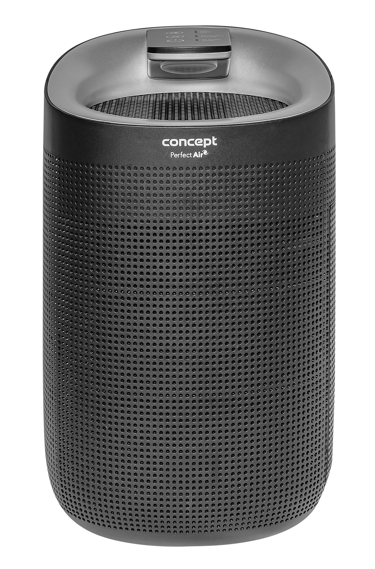 Schwarzer Luftreiniger. Text: Concept Perfect Air. Perforierter Körper. Silberner Deckel.