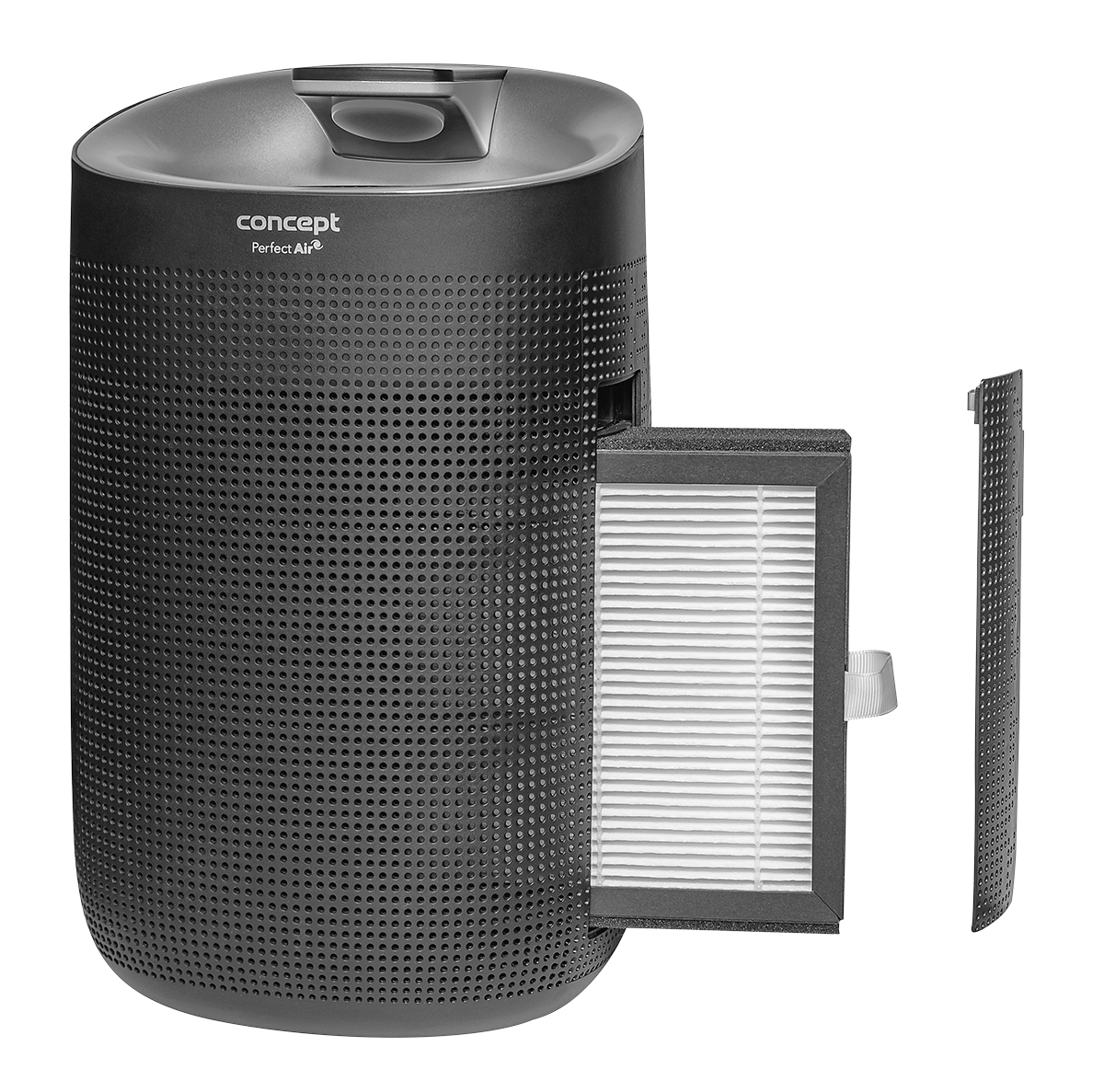 Schwarzer Luftreiniger, Filter entfernt. Text: Concept Perfect Air. Perforierter Körper. Weißer Filter.