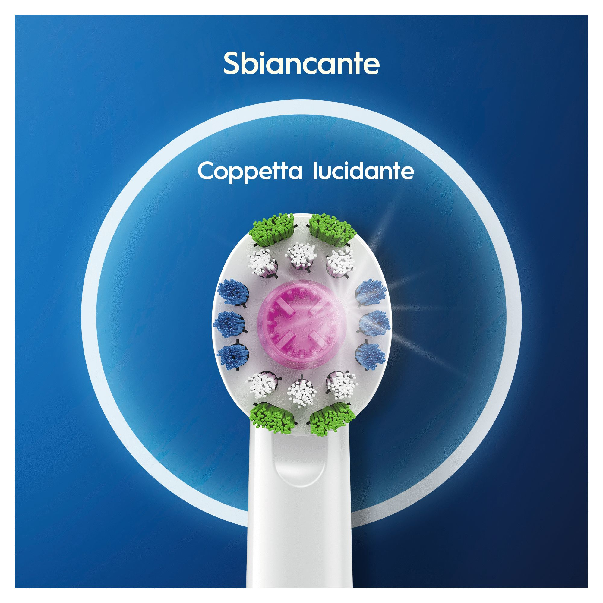Primer plano de un cabezal Oral-B, con cerdas de varios colores.