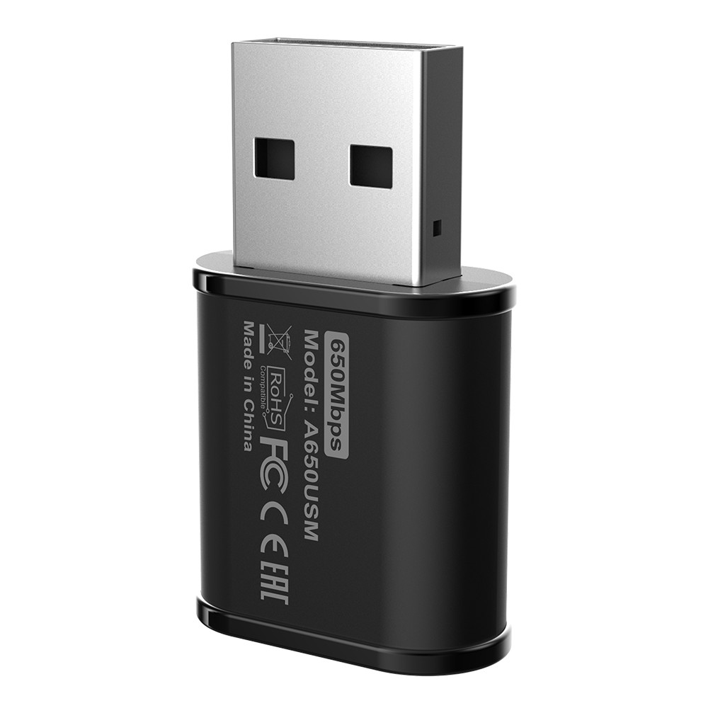 Czarny adapter Wi-Fi USB. Srebrne złącze USB. Tekst: 650 Mb/s, A650USM. Wyprodukowano w Chinach.