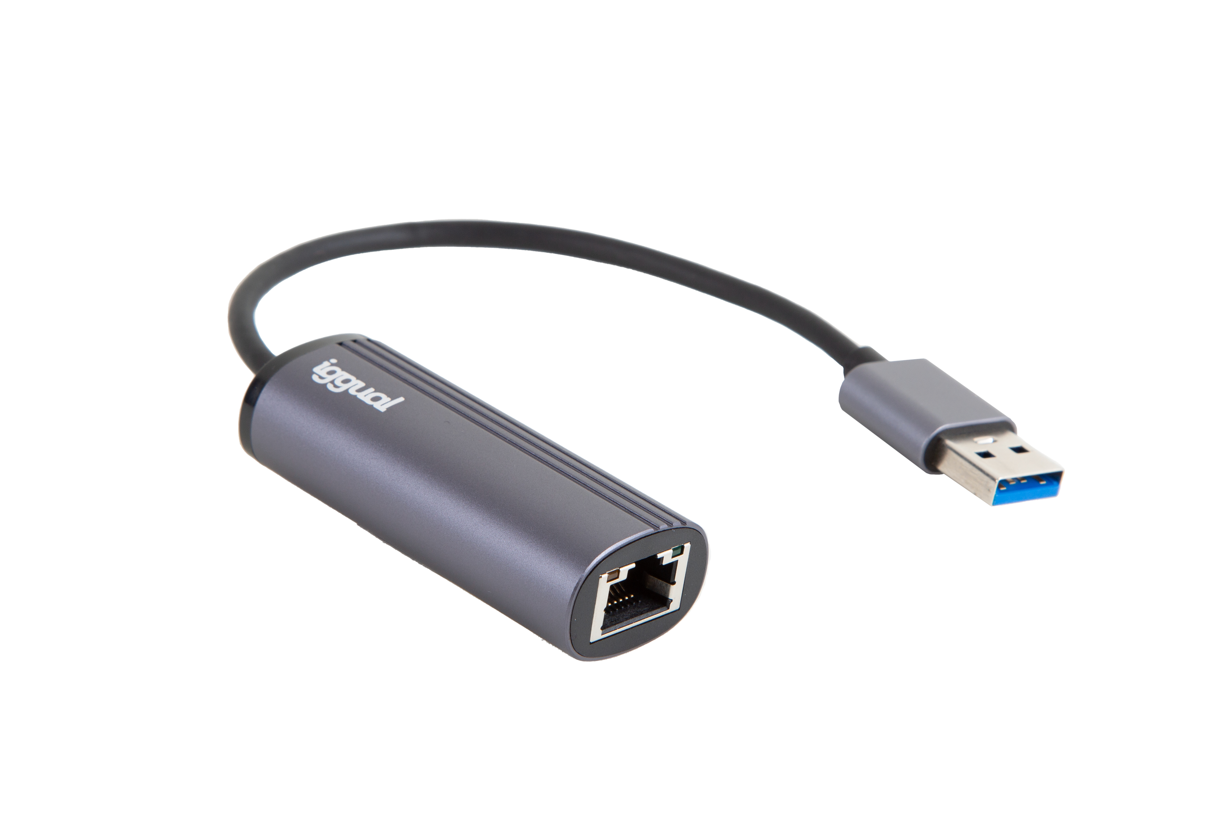 Szary adapter USB na Ethernet z czarnym kablem. Posiada port USB i Ethernet.