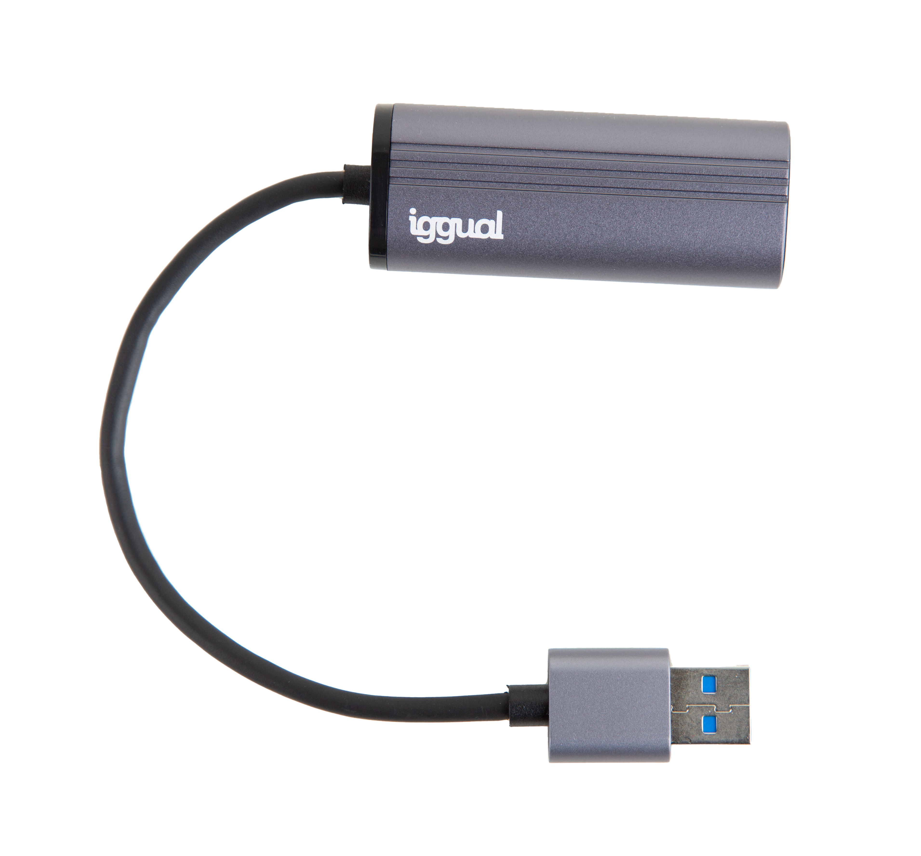 Adapter Iggual USB do RJ45, szary z czarnym kablem, białe tło.