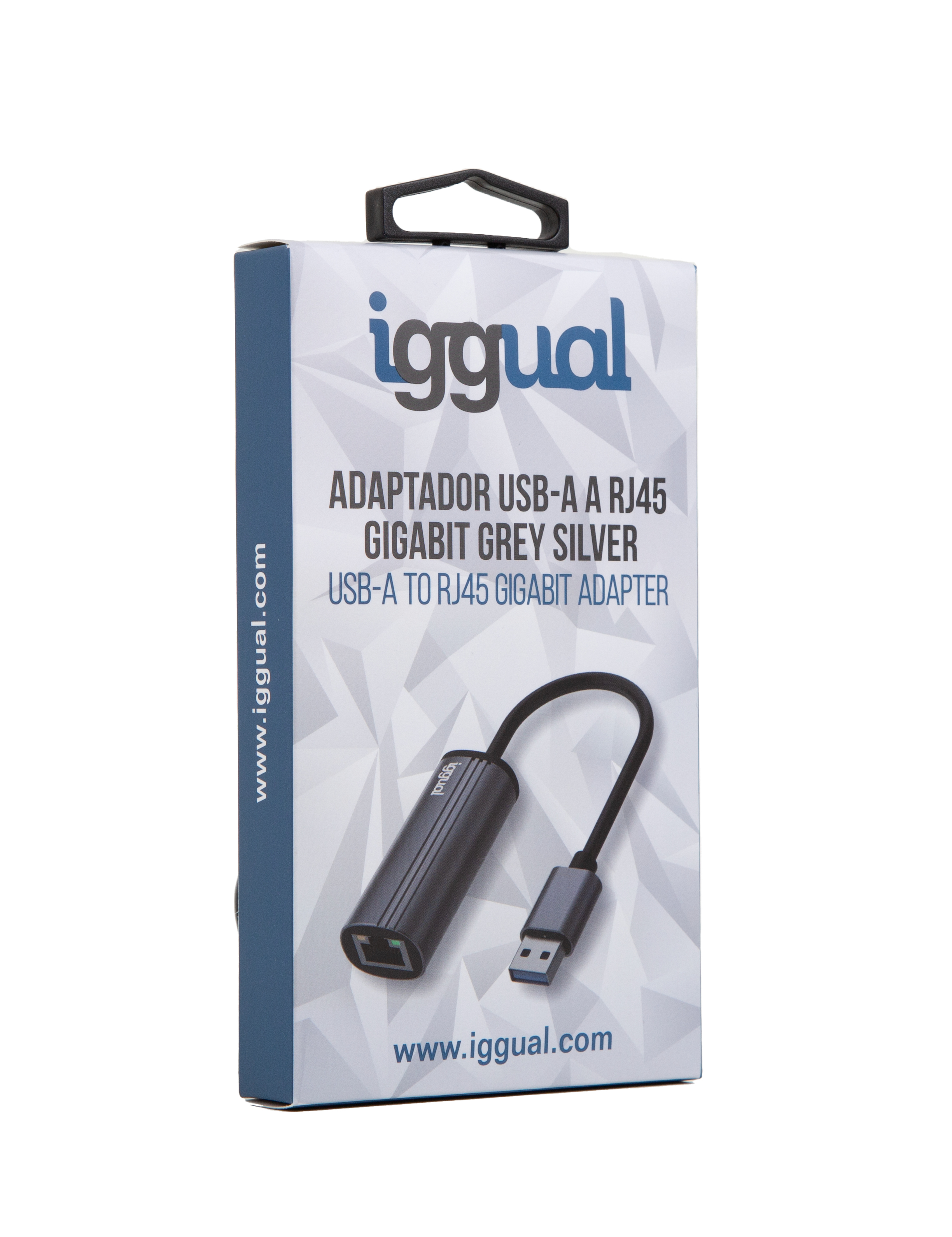 Adapter Iggual USB-A do RJ45 Gigabit w biało-niebieskim pudełku.