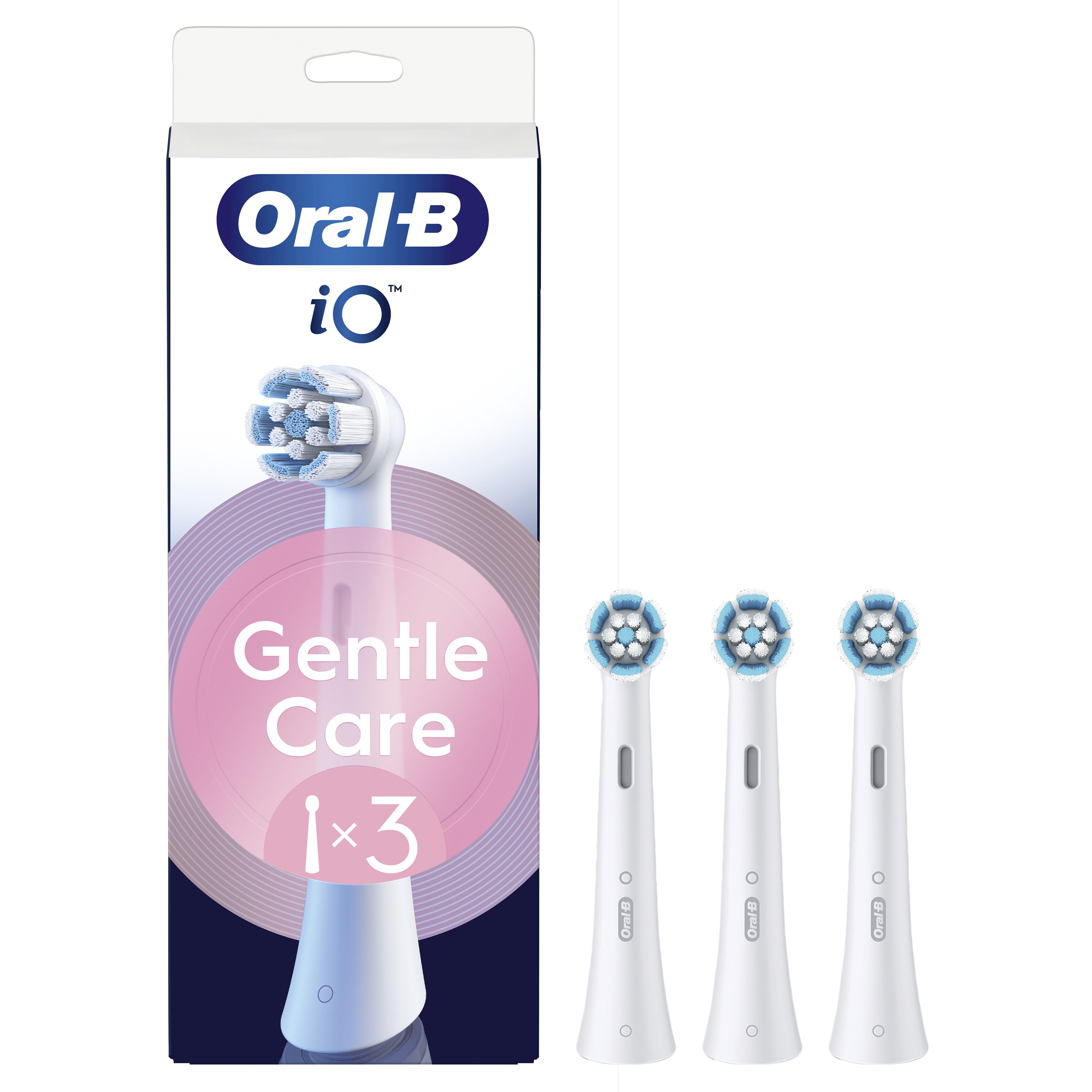 Pudełko końcówek do szczoteczki Oral-B iO Gentle Care z białymi główkami i różowymi akcentami.