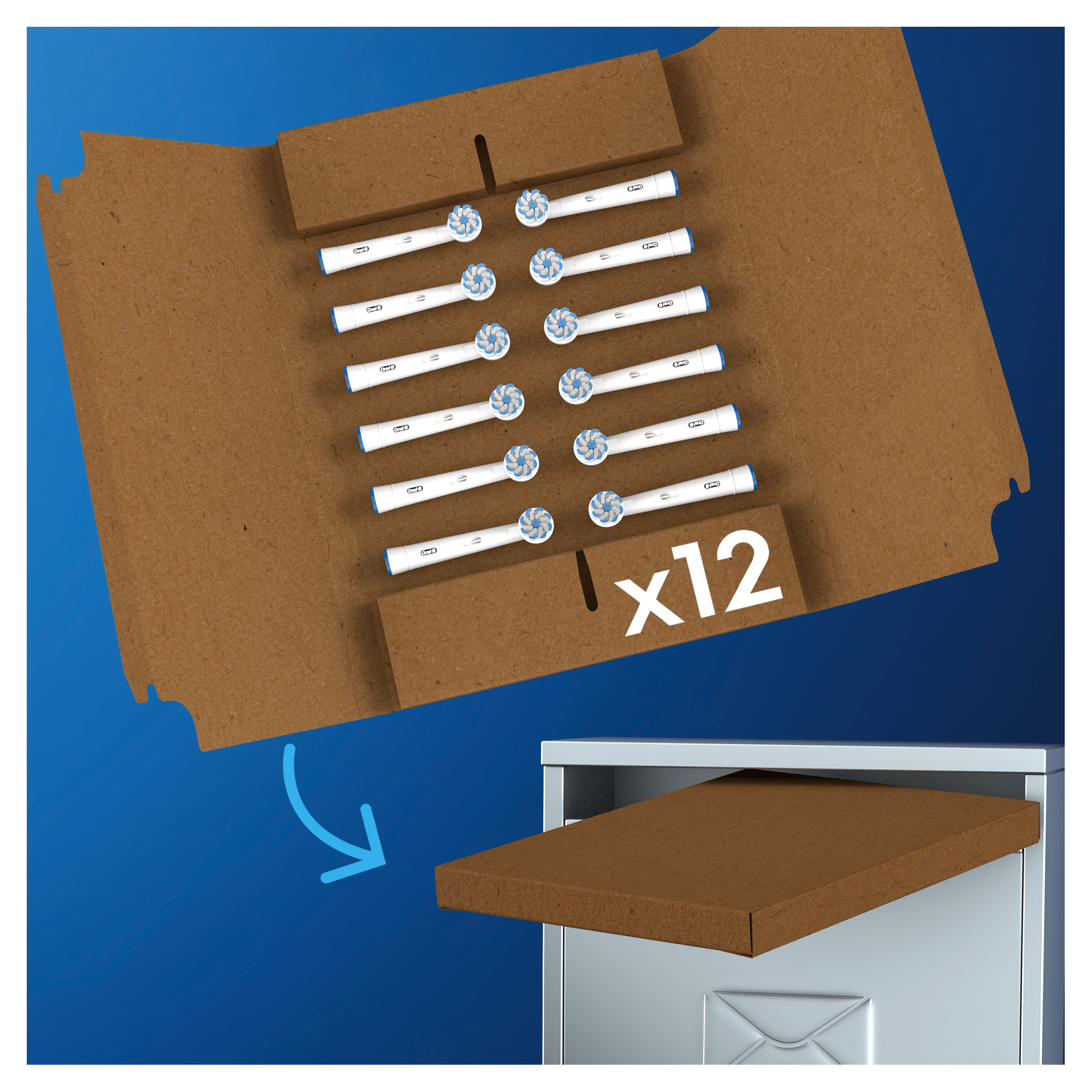 Kartonowe pudełko z dwunastoma główkami Oral-B. Widoczna wysuwana taca i biało-niebieskie głowice.