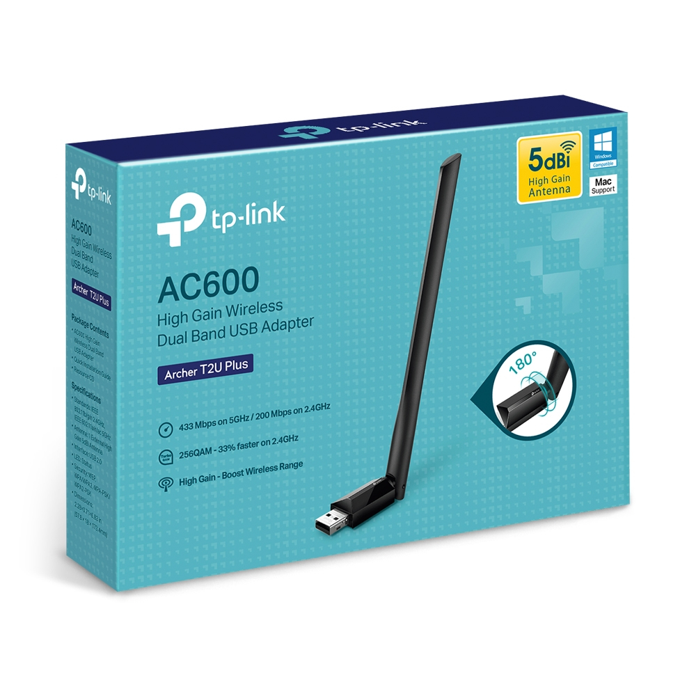 Scatola dell'adattatore Wi-Fi TP-Link AC600. Include adattatore, specifiche e diagramma. L'adattatore è nero.