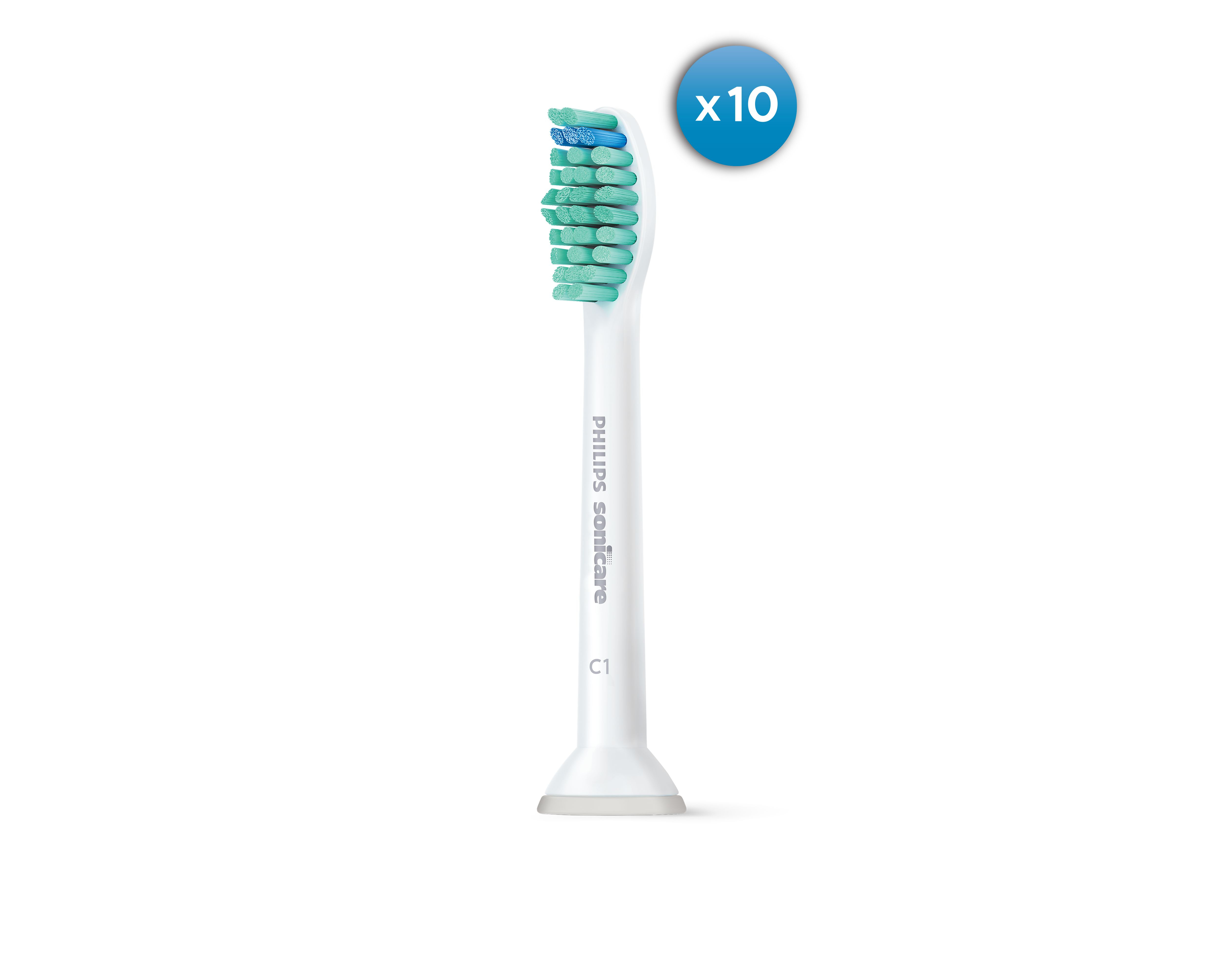 Philips Sonicare Zahnbürstenkopf mit grünen und blauen Borsten. Oben ist x10 aufgedruckt.