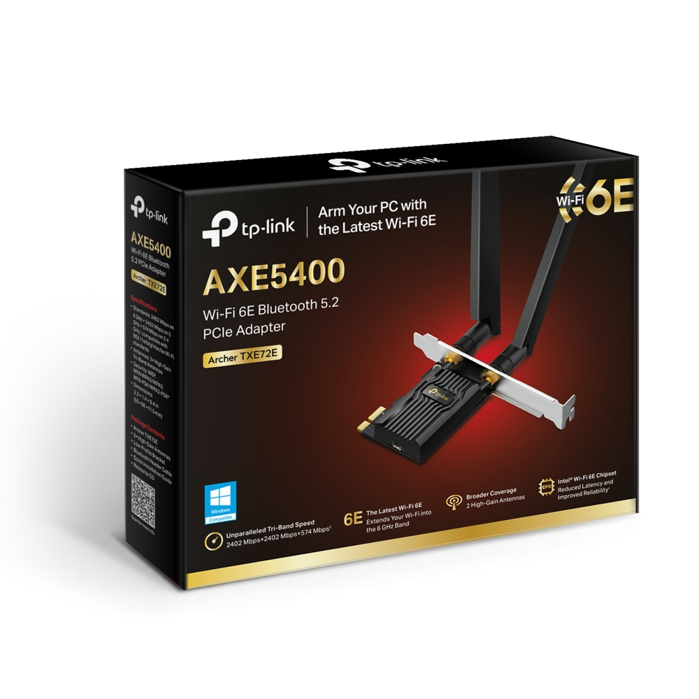 Tp-link Wi-Fi 6E Adapterbox mit schwarzem und silbernem Adapter und Antennen.