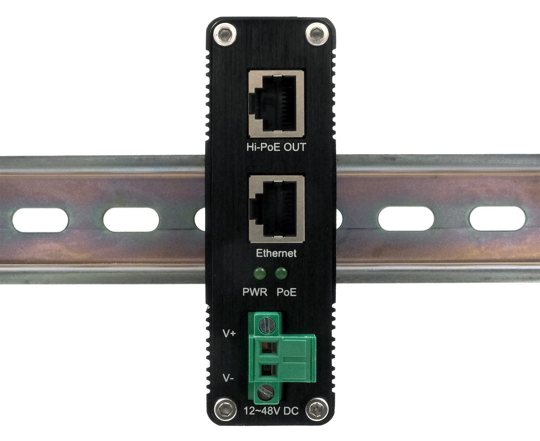 Czarne urządzenie Hi-PoE na szynie z dwoma portami Ethernet.