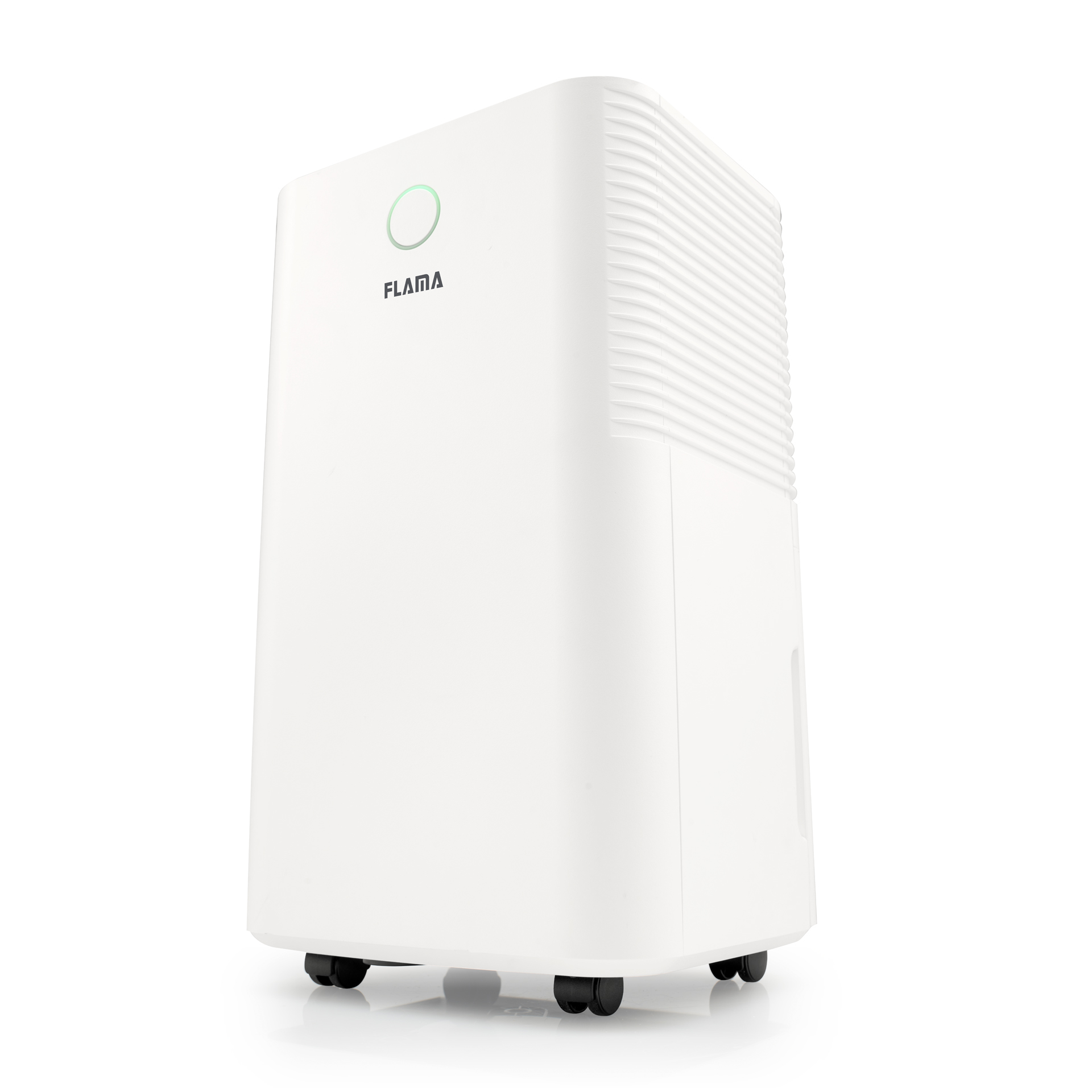 Biały osuszacz powietrza z logo FLAMA i zielonym okręgiem. Produkt posiada kółka na dole.