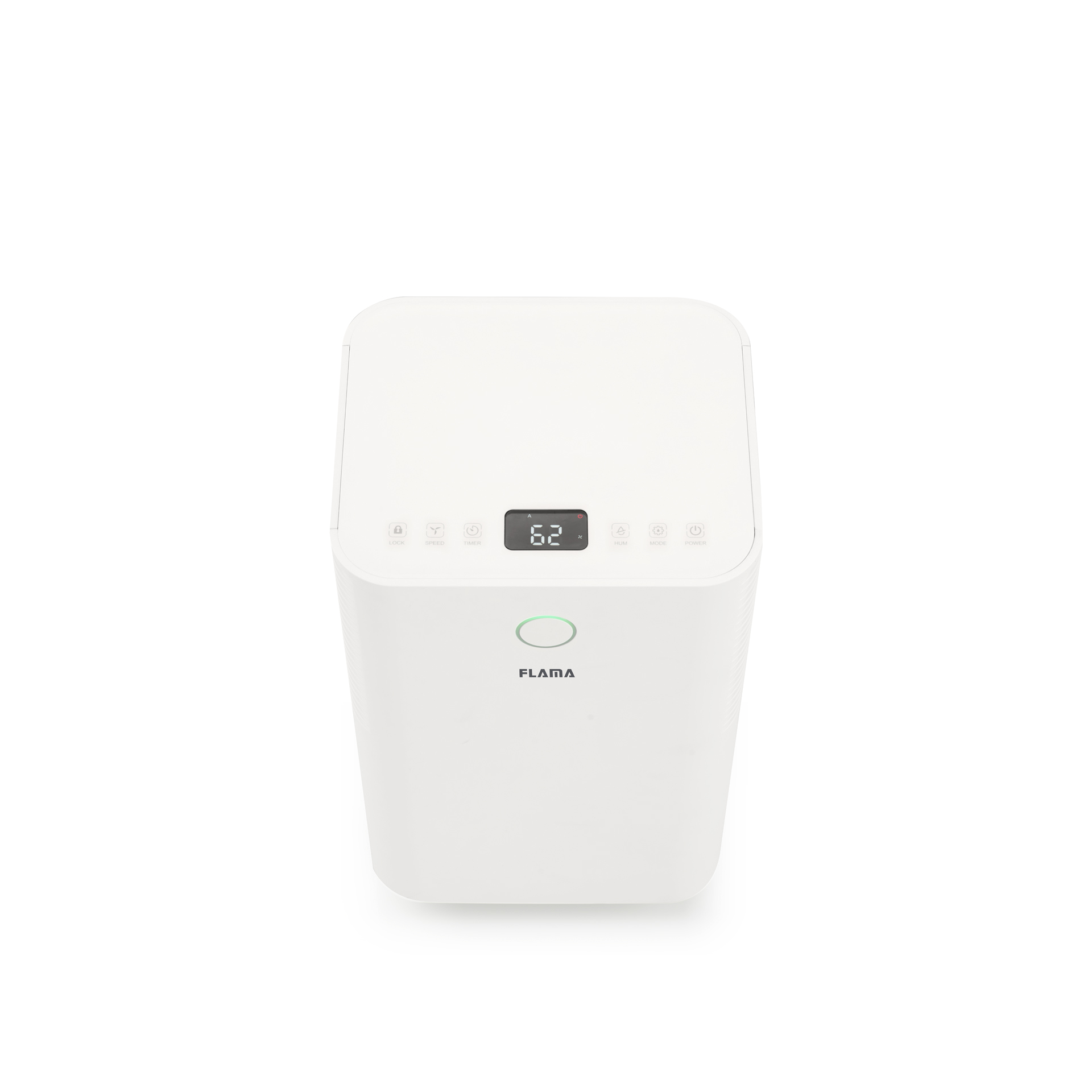 Biały osuszacz powietrza z logo FLAMA i zielonym okręgiem. Produkt posiada kółka na dole.