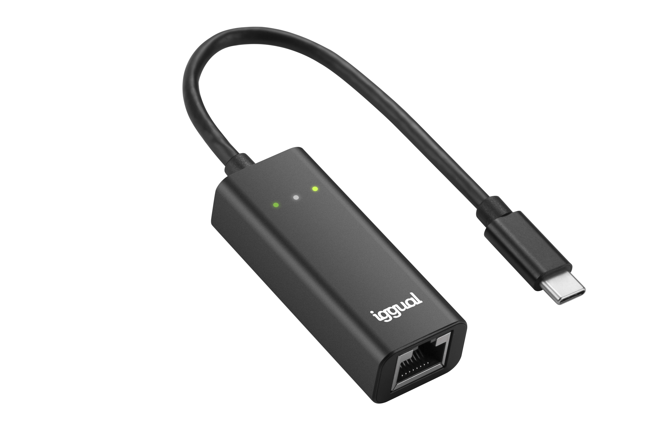 Czarny adapter sieciowy z kablem USB-C i portem sieciowym.