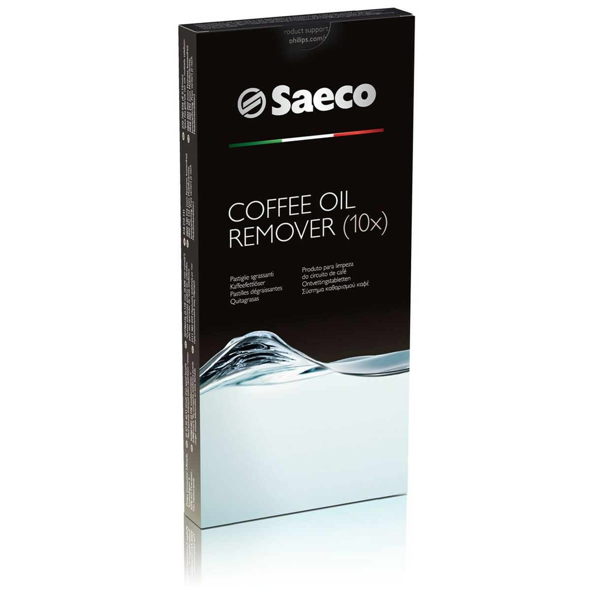 Scatola nera Saeco per rimuovere l'olio di caffè, con informazioni sul prodotto e onda grafica.