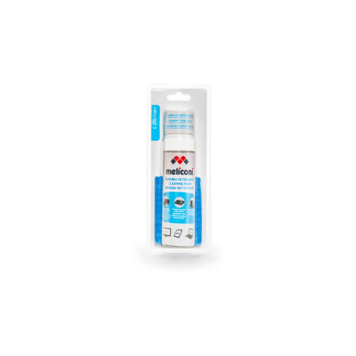 Un spray limpiador de espuma Meticoni, embalaje azul y blanco. Fondo blanco liso.