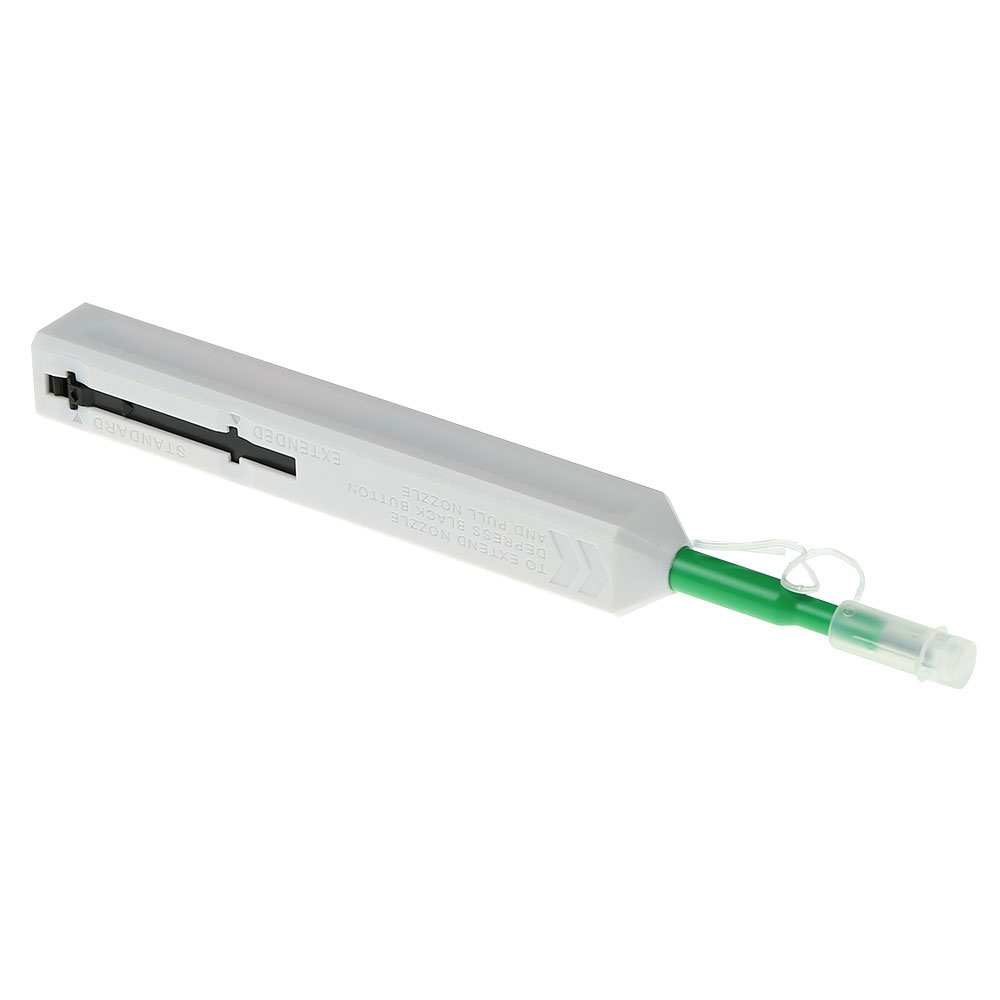 Strumento di pulizia in fibra ottica bianco e verde con una parte scorrevole nera.