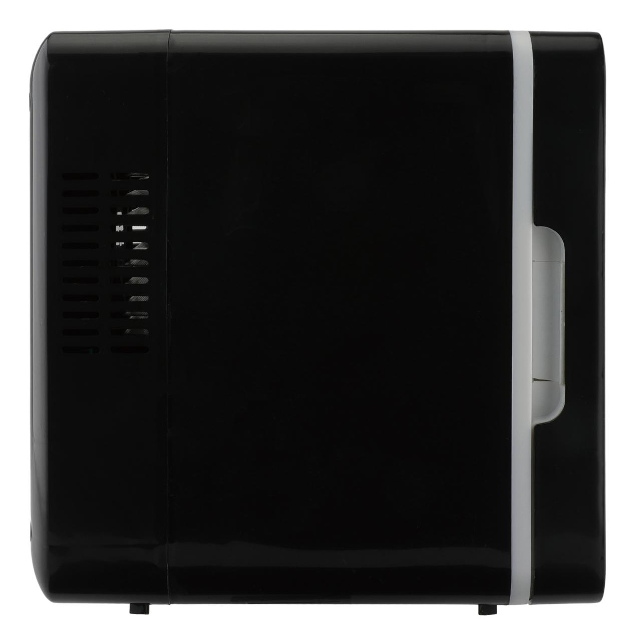 Czarna mini lodówka, widok z boku. Ma białą listwę i uchwyt po prawej stronie.