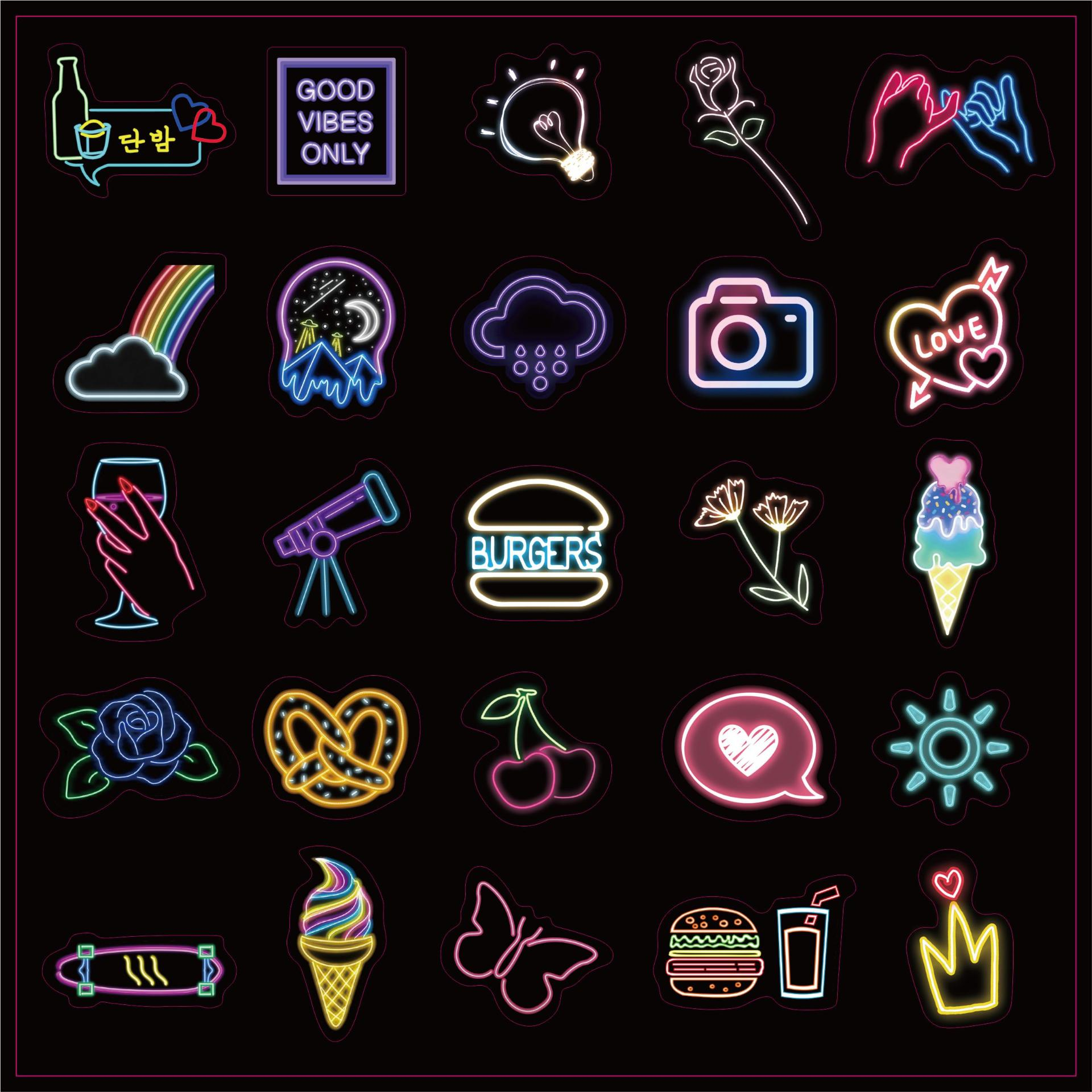 Neony na czarnym tle. Przedstawiają różne obiekty i frazy.