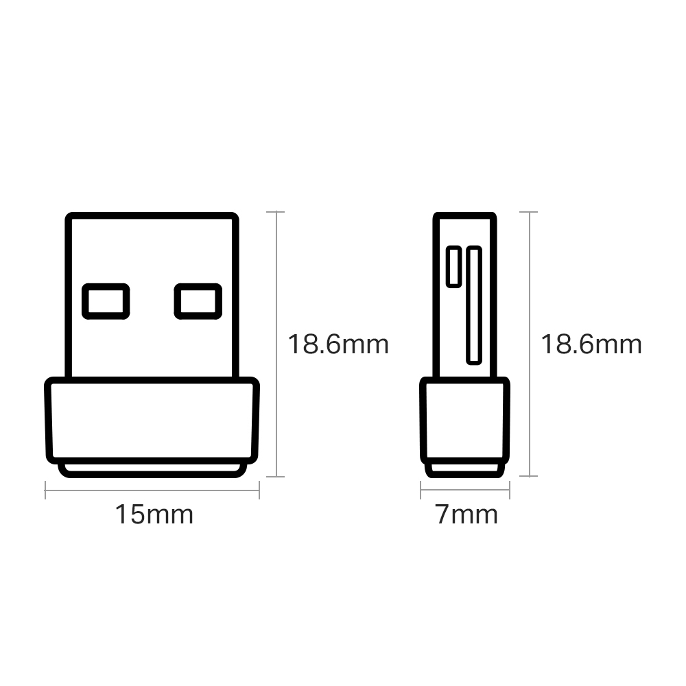 Umriss eines USB-Anschlusses. Zeigt die Abmessungen: 15 mm breit, 18,6 mm lang und 7 mm dick.