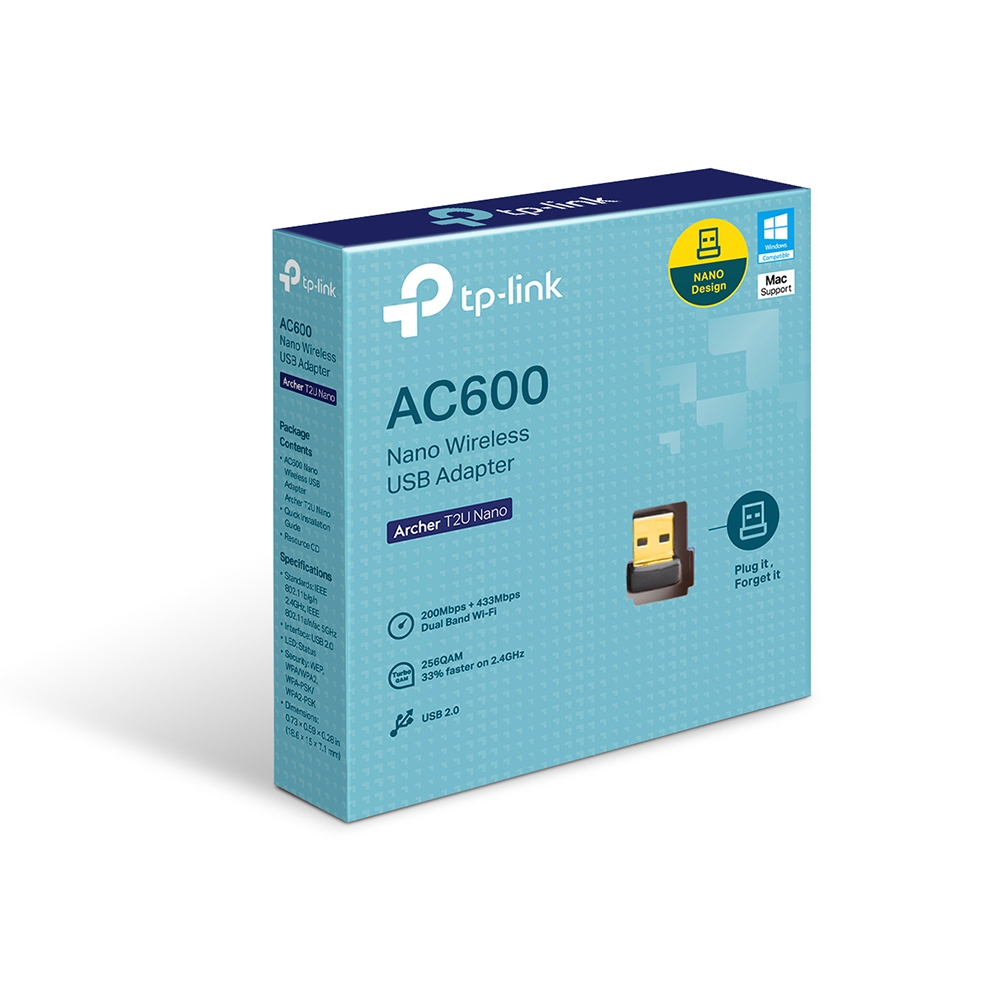Schachtel des TP-Link AC600 Nano Wireless USB Adapters. Sie ist blau und weiß, mit Text und einem USB-Bild.