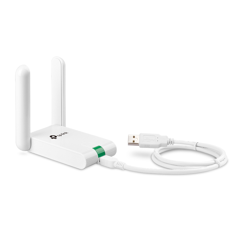 Biały adapter Wi-Fi TP-Link z dwiema antenami, połączony białym kablem z USB.
