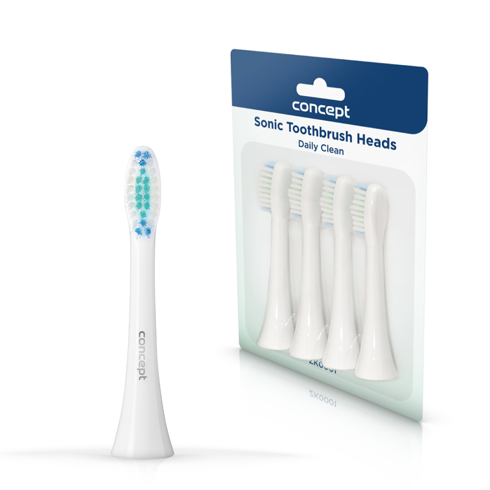 A Concept Sonic Toothbrush head next to a pack of four toothbrush heads on a white background.