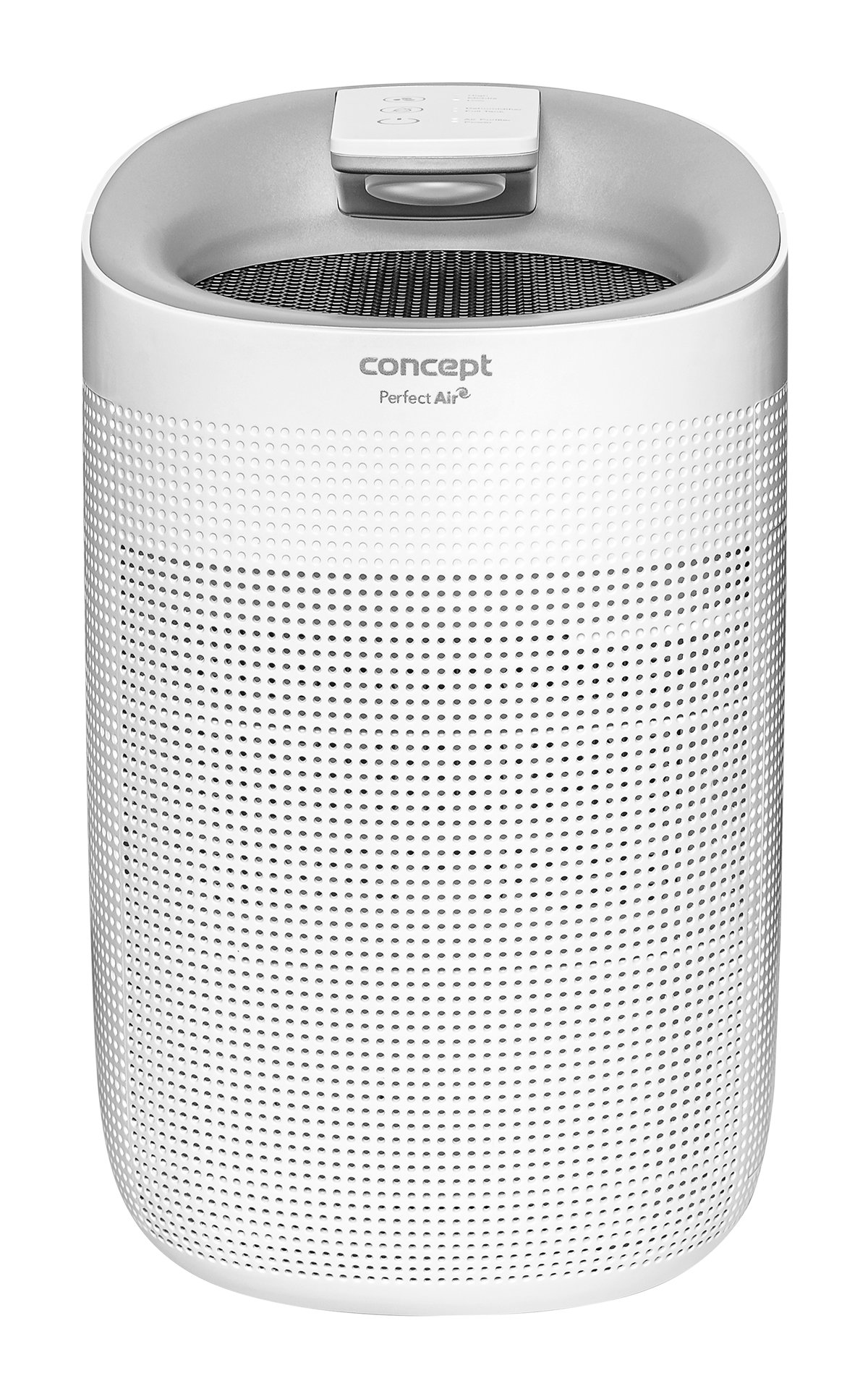 Purificador de aire blanco, parte superior gris, con orificios de ventilación. Marca Concept Perfect Air.