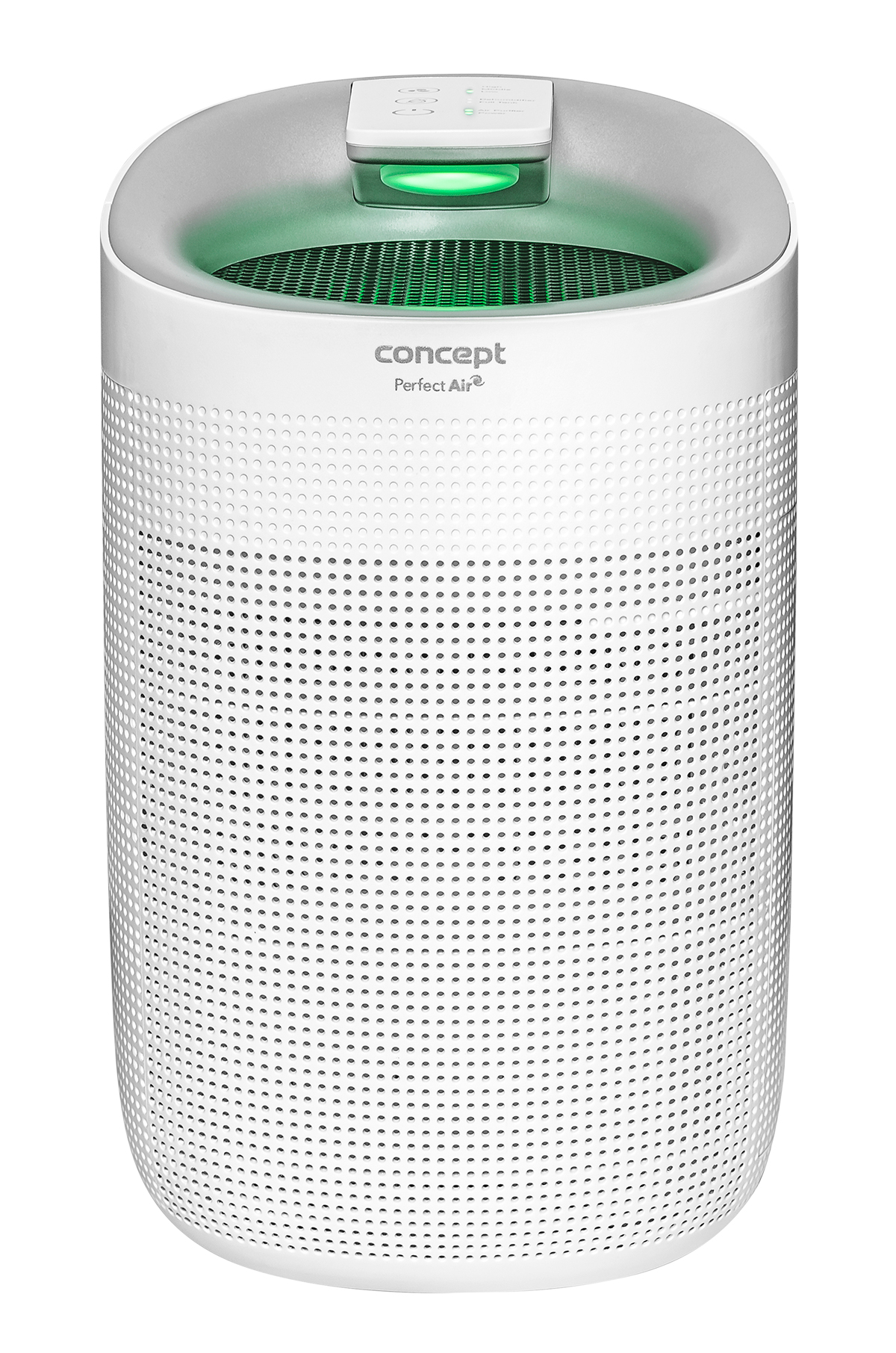 Purificador de aire blanco, parte superior verde iluminada, con orificios. Marca Concept Perfect Air.