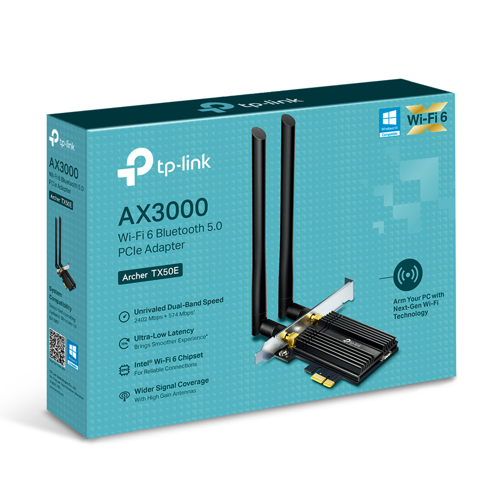 Pudełko karty sieciowej Wi-Fi 6. Czarna karta z dwiema antenami. Marka tp-link.