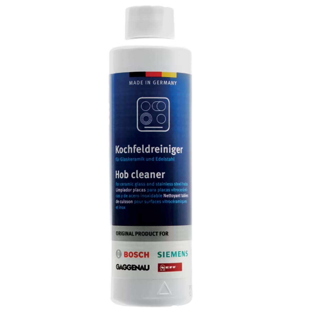 Bottiglia bianca con liquido detergente per piani cottura in vetroceramica. Testo: Kochfeldreiniger.