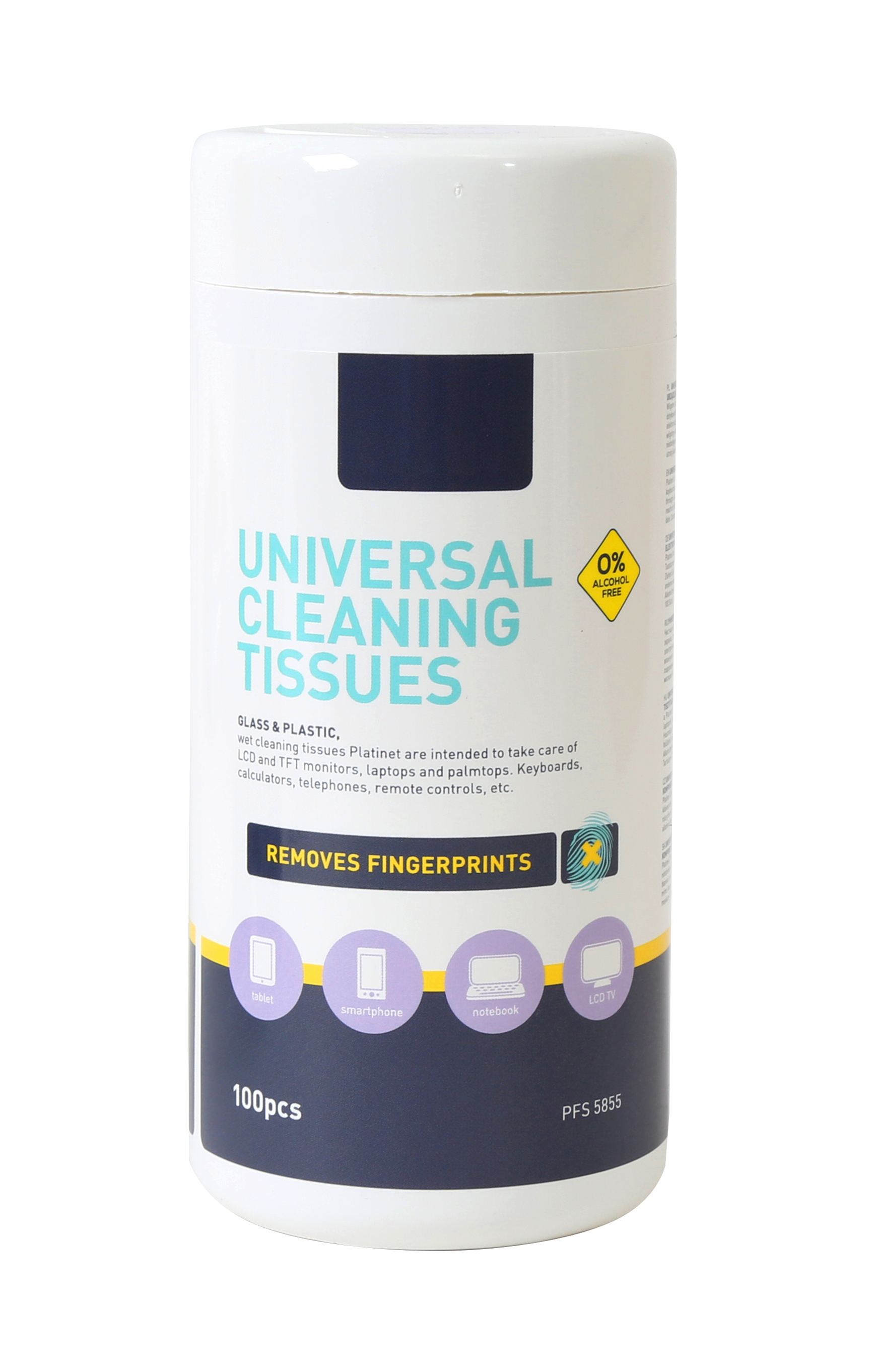 Pojemnik na uniwersalne chusteczki czyszczące. Biały z niebieską i fioletową etykietą i tekstem.