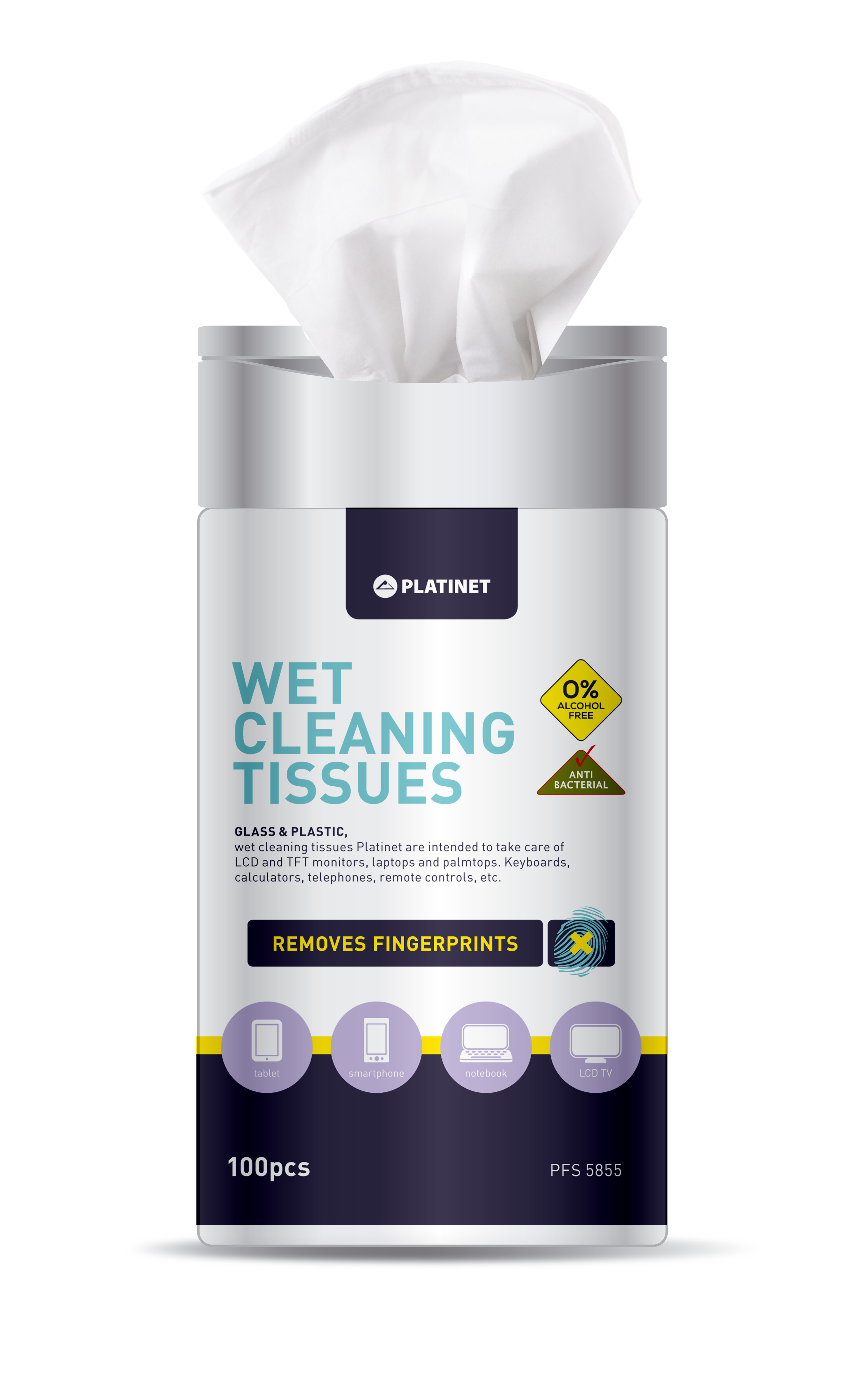 Pojemnik na wilgotne chusteczki. Pojemnik jest biały z tekstem i niebiesko-czarną etykietą.