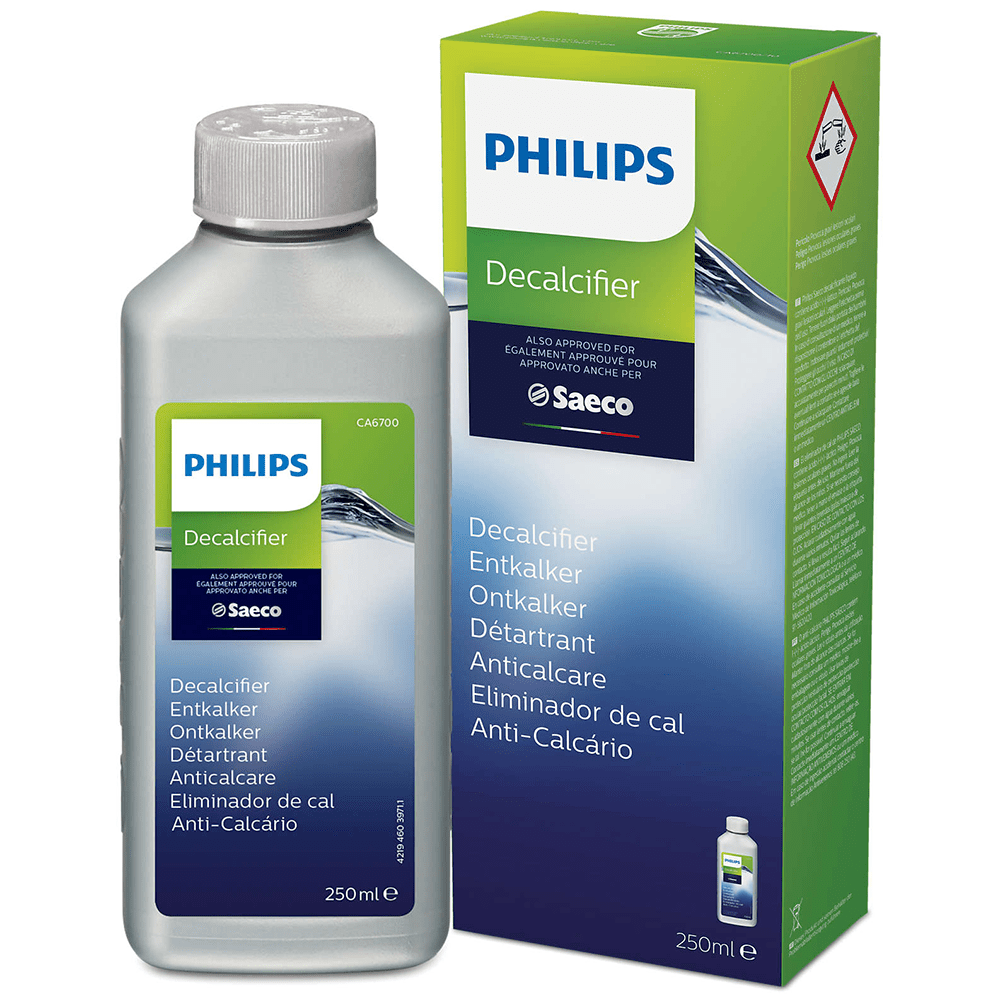 Bottiglia e scatola di decalcificante Philips, per macchine espresso.