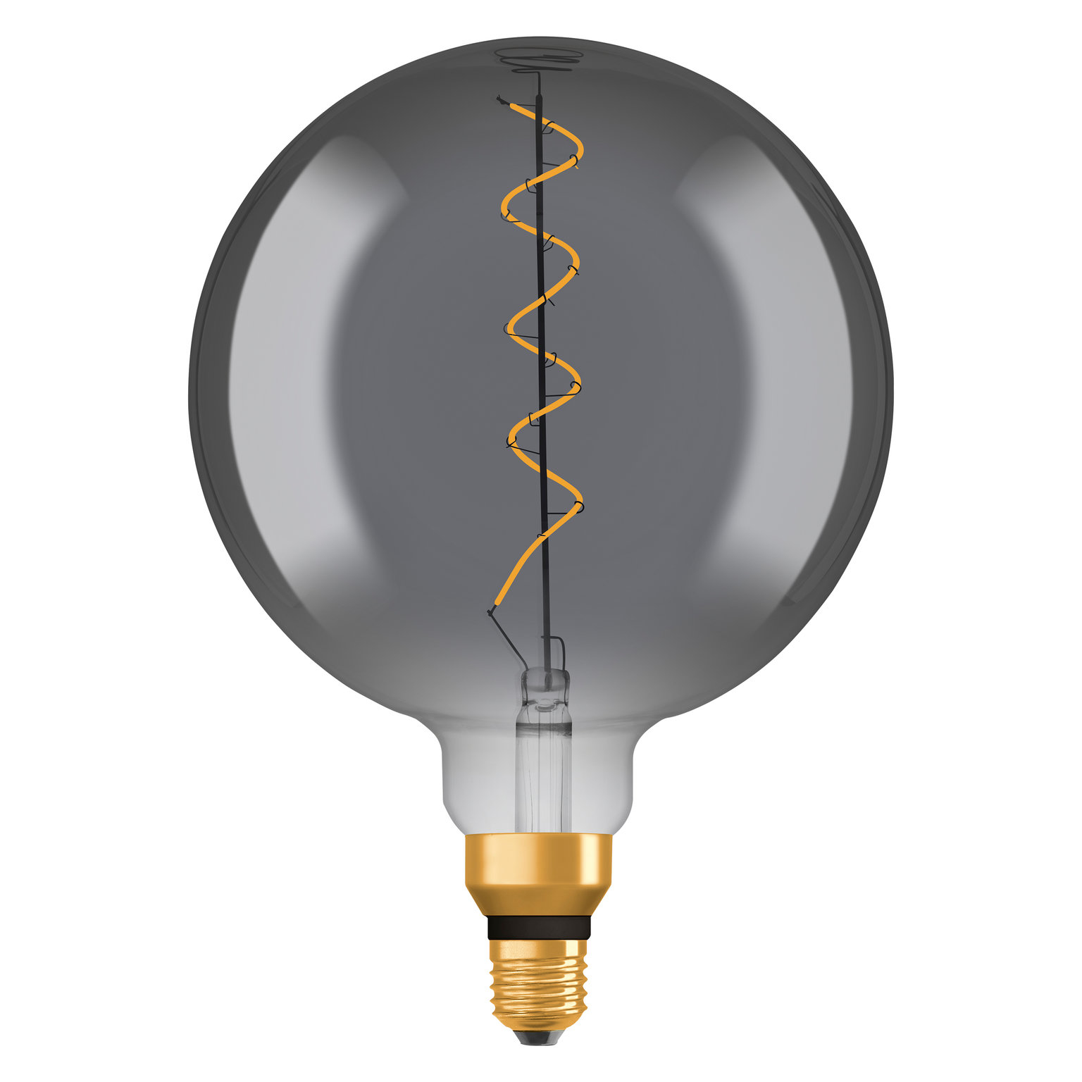 Una grande lampadina grigia rotonda con base dorata. Un filamento a spirale è visibile.