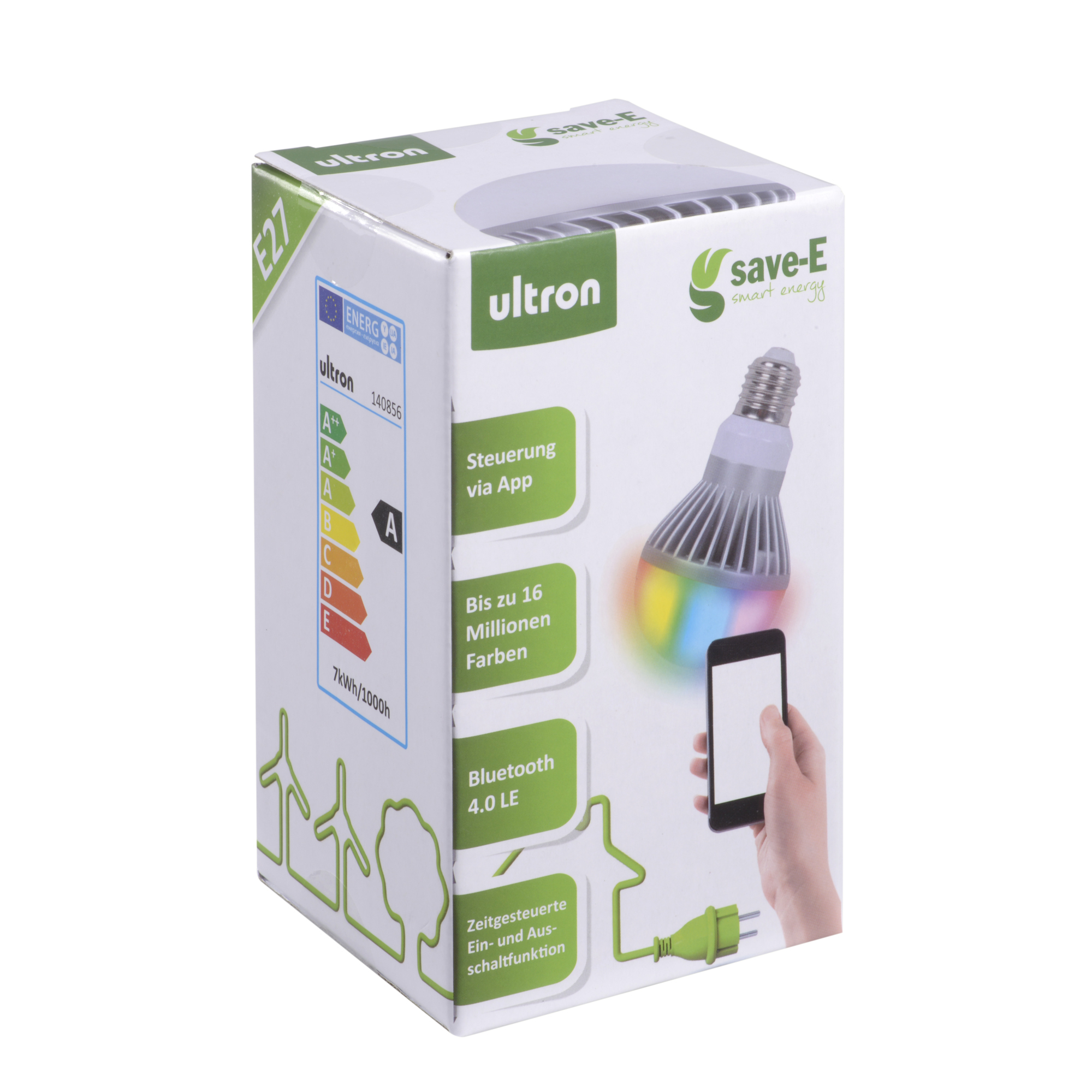 White box with a save-E ultron lightbulb. It is a smart bulb with rainbow colors.