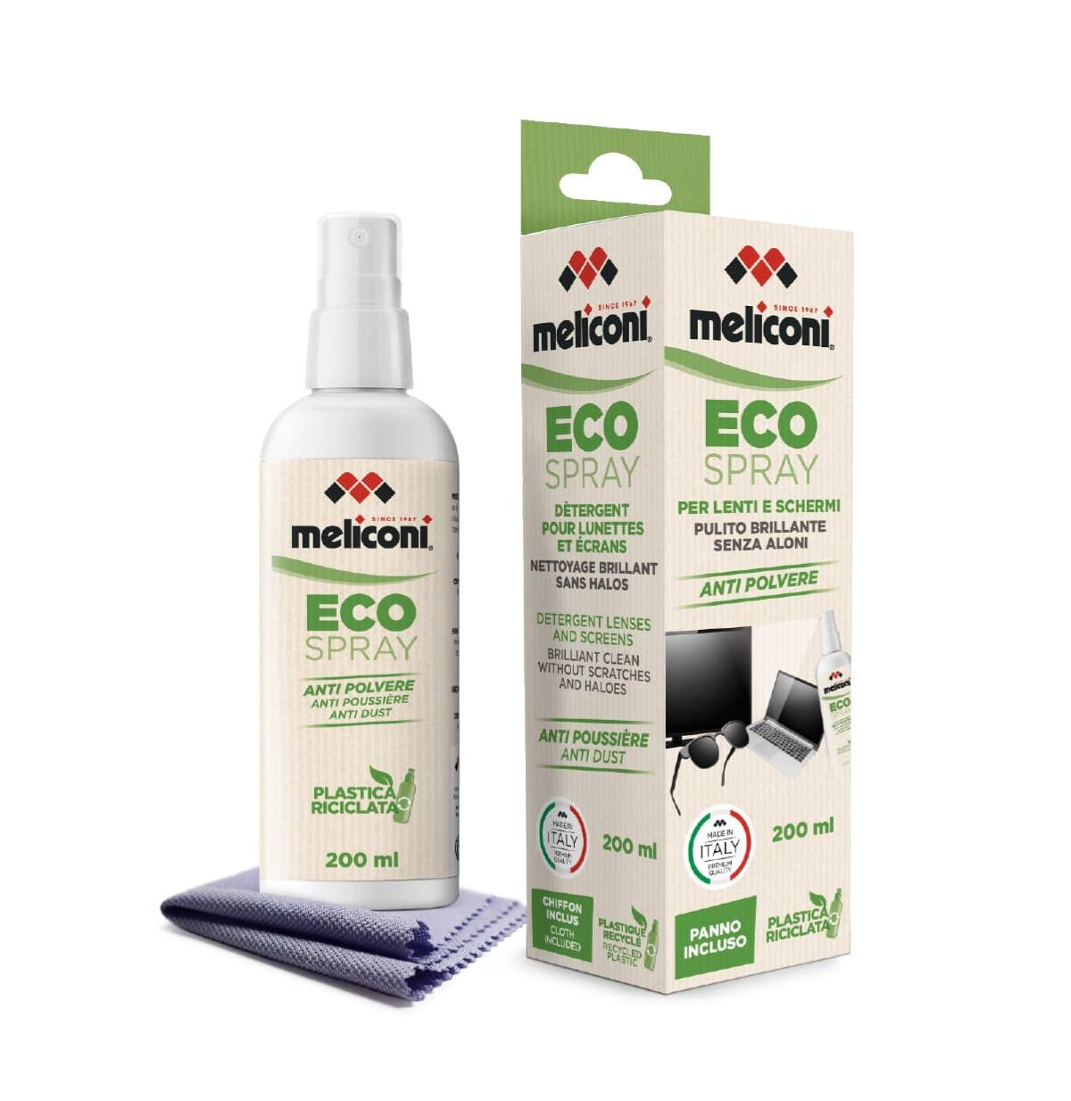 Butelka Meliconi Eco Spray ze ściereczką do czyszczenia, obok pudełka produktu.