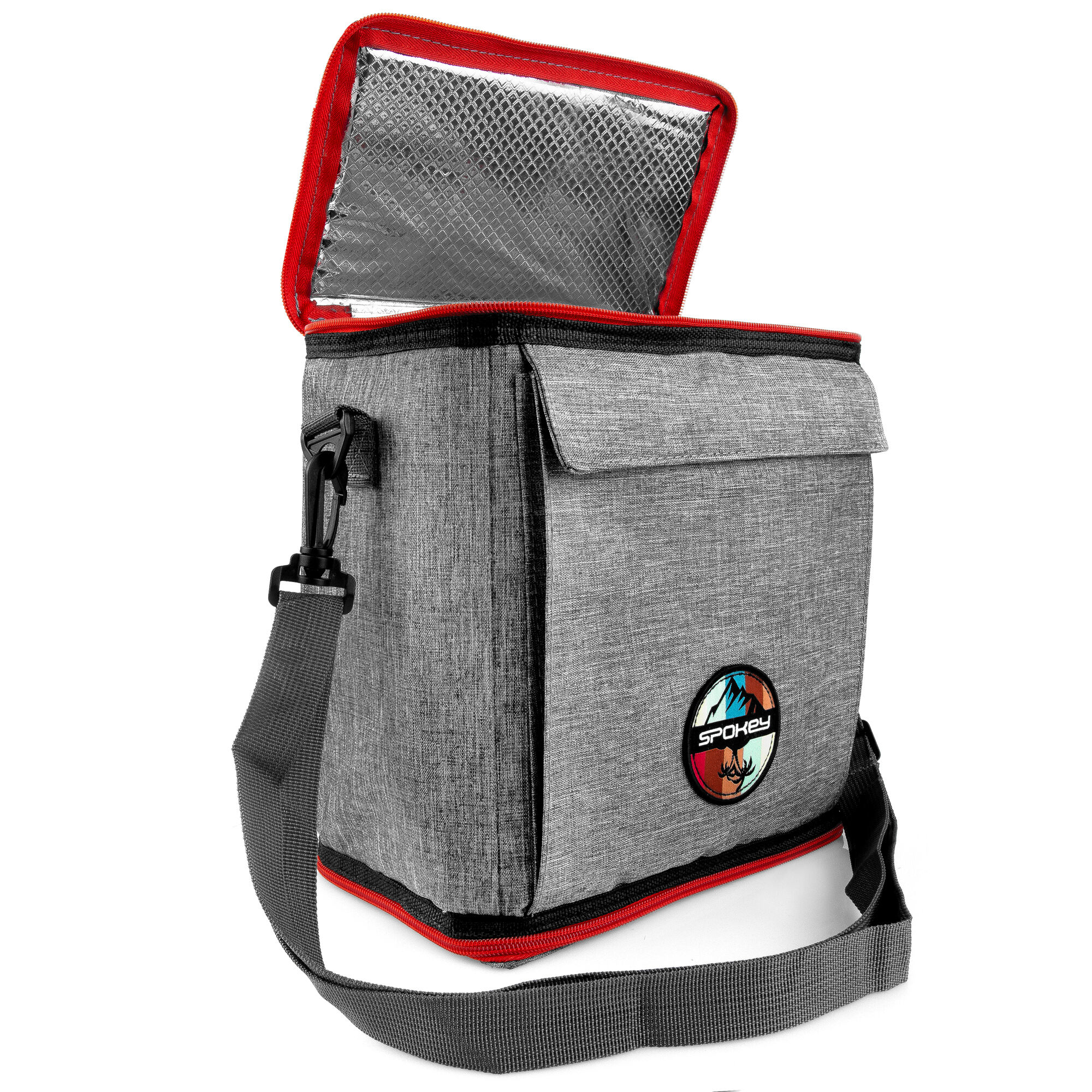 Otwarta szara torba termiczna z czerwonym wykończeniem i srebrnym wnętrzem.
